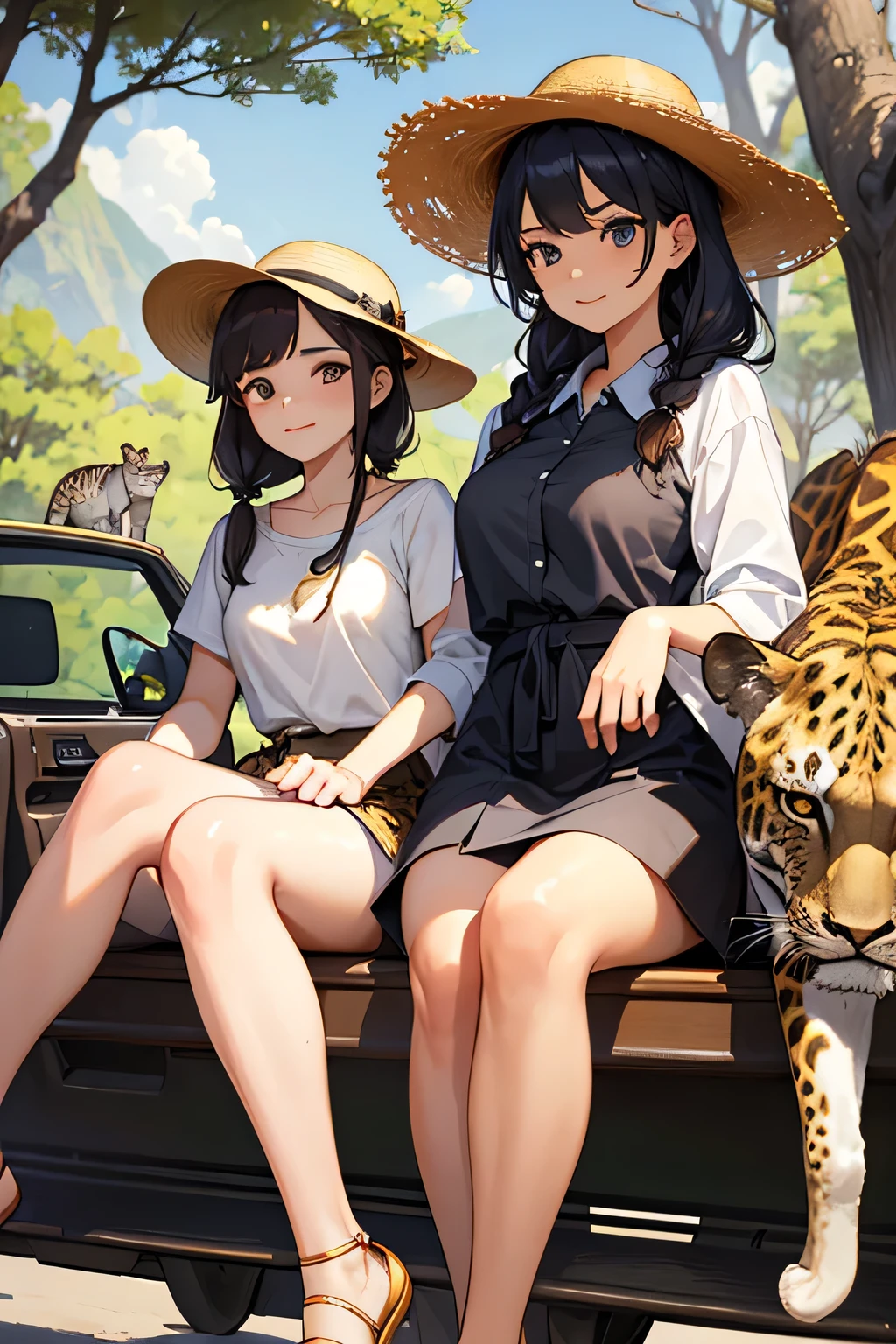 highest quality、High resolution、Detailed Background、(Beautiful face in every detail:1.4)、Anatomically correct、(Draw the usual number of fingers:1.2)、(Detailed facial expressions)、(Detailed eyes:1.2)、(Detailed eyes:1.2)、Teenage beauty、(Highly detailed face:1.4)、Bobcut、ponytail、Braided long hair、Wavy Hairstyle、well-groomed eyebrows、Perfect body line、Wildlife Safari、Spectacular natural scenery、Excited、A fun atmosphere、A big smile、Show upper body、

(Two beautiful girls photographed with wild animals in the background:1.5)、

Land tours take you to wildlife habitats and sanctuaries in vehicles such as jeeps and trucks.、From large animals to small birds々You can see a variety of wildlife、Lion、elephant、giraffe、Leopard、Hippopotamuonkey、birds、Reptiles, etc.、Serengeti National Park、Masai Mara National Reserve、Kruger National Park、Rocky Mountains、

A lightweight shirt dress is perfect for hot weather.、Wear comfortable sandals on your feet.、Accentuate with hats and sunglasses、We recommend shorts and a light blouse.、It is a good idea to choose shorts that are easy to move in and a long-sleeved blouse that will also protect your arms and neck from the sun.、Wear comfortable sneakers on your feet.