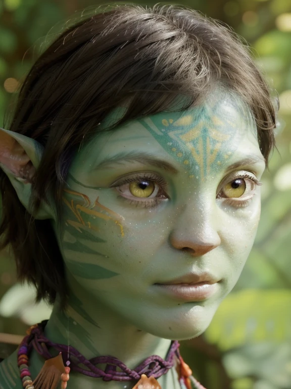 avatar style, (face portrait:1.6), naavi, 1girl, female, (yellow eyes), (big eyes), ((eyebrowless)), pointy ears, (forest green skin tone:1.0), (straight hair:1.0), (black hair color), ((short messy hair)), ((pixie cut)), (young adult), 18 years old, face wrinkles, wearing colorful tribal clothing, (wearing tribal acessories), detailed eyes, toned body, muscled body, vibrant colors, glowing, ethereal atmosphere, surrealistic dreamy lighting, textured skin, otherworldly beauty, mesmerizing photography, (best quality, highres), vivid colors, ultrarealistic, skin details, striped skin, sfw, face close-up:0.5, ultradetailed body, ((green skin)), Brazilian Native, mgth