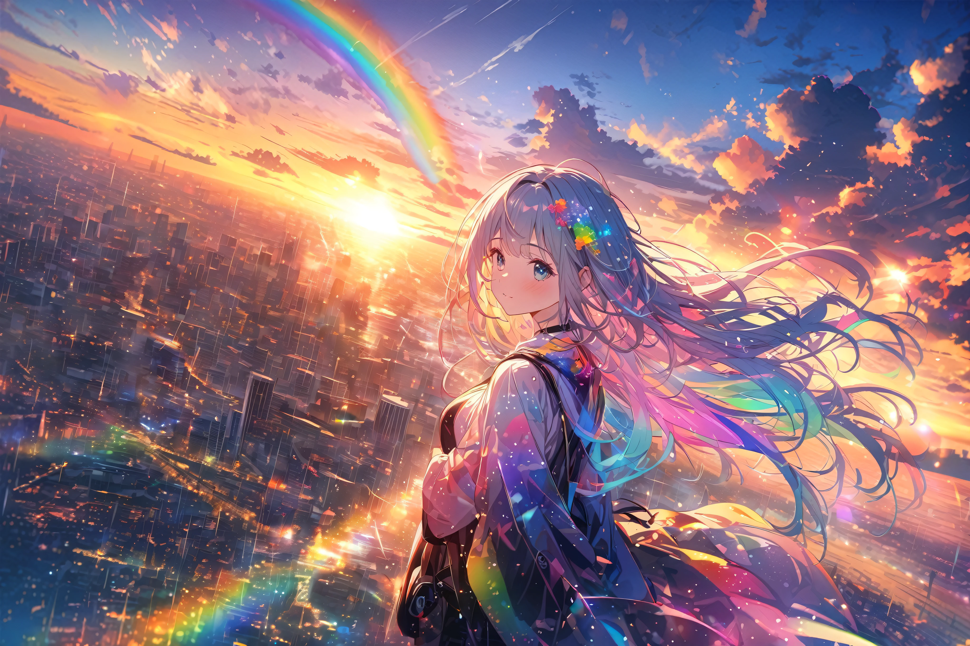 Angelic, detailed woman, sunrise, rainbow, after the rain, horizon, in the sky, city , lens flare, colorful, high-res, 8K