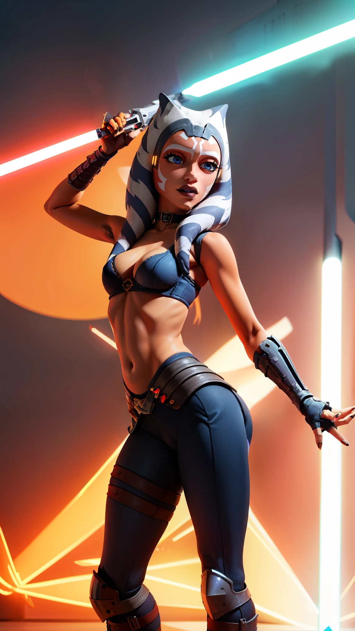 (masterpiece, best quality, ultra-detailed), AhsokaTano, (orange skin:1.2), sexy, young, , 13yearold, blue eyes, makeup, small breasts, blue shirt, vambraces, fingerless gloves, hip armor, blue skirt, blue leggings, standing, front view, sexy pose, looking at viewer, holding lightsaber