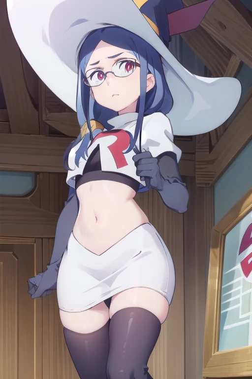 (((pixel-perfect, detail-perfect))), solo, 1girl, ursula callistis, witch, looking at viewer, glasses, team rocket,team rocket uniform,white skirt,red letter R,crop top,black thigh-highs,black elbow gloves, witch hat