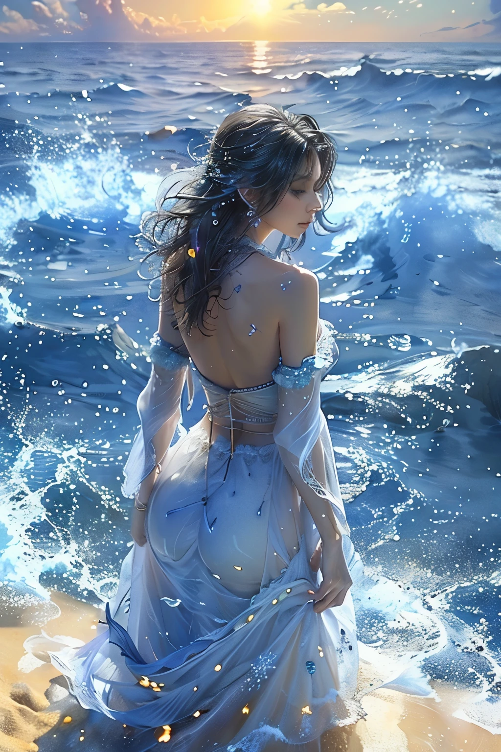 ys blue,1girl\(solo,Eyes\(Deep amber,crystal clear,long and delicate eyelashes\),Nose\(Elevated,a slightly upturned nose tip\),Lips\(Rosy color,defined lip line\),Hairstyle\(Black hair,smooth and shiny,slightly wavy at the ends\),Skin\(Fair,blemish-free,as delicate as porcelain\),Clothing\((white long dress,bare shoulders,wide sleeve,gorgeous):1.5,Fabric\(Lightweight silk,smooth and shiny\),Craftsmanship\(Exquisite,clean-cut lines on the neckline,sleeves,waist,skirt hem,well-designed layered pleats\),standing,look at viewer,floating hair,outdoor,cowboy_shot):1.53\),Background\((sunset,sand beach,ocean):1.5,sky\),masterpiece,best quality,unreal engine 5 rendering,movie light,movie lens,movie special effects,detailed details,HDR,UHD,8K,CG wallpaper,