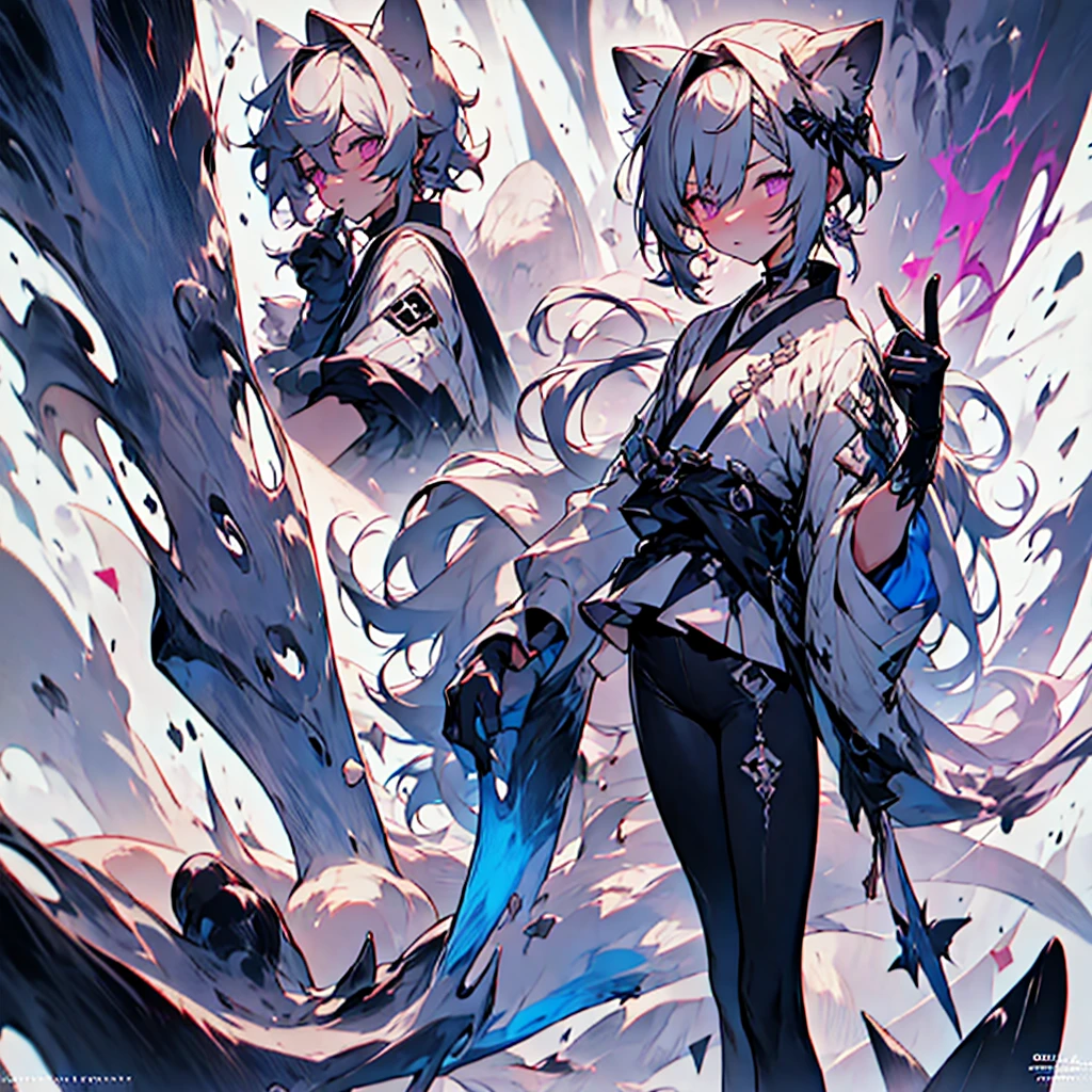 ((best quality)), ((masterpiece)), (detailed), (anime), perfect face, soft, cute, anime cat boy, androgynous, Mafumafu, teen, pure white hair, soft purple eyes, shine, white cat tail, barcode on left of cheek, wearing white haori with black bottom, inside of haori is white, emo thigh highs, black fingerless gloves