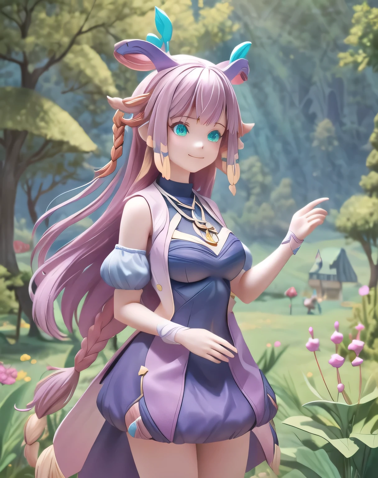 ((big breasts)), 1girl, solo, long hair, smile, blue eyes, large breasts, dress, bare shoulders,  very long hair, purple hair, braid, sleeveless, mole, mole under eye, turquoise necklace, horn, forest, magic world, trees, flowers, animals, dwarves' house, dream, deer, (masterpiece,best quality:1.5)