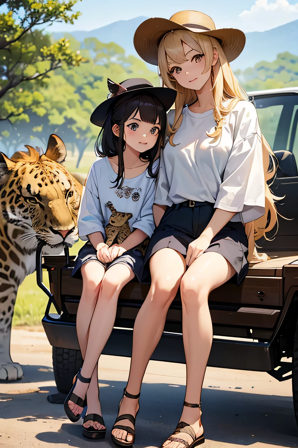 highest quality、High resolution、Detailed Background、(Beautiful face in every detail:1.4)、Anatomically correct、(Draw the usual number of fingers:1.2)、(Detailed facial expressions)、(Detailed eyes:1.2)、(Detailed eyes:1.2)、age beauty、(Highly detailed face:1.4)、Bobcut、ponytail、Braided long hair、Wavy Hairstyle、well-groomed eyebrows、Perfect body line、Wildlife Safari、Spectacular natural scenery、Excited、A fun atmosphere、A big smile、Show upper body、
(Two beautiful girls photographed with wild animals in the background:1.5)、
Land tours take you to wildlife habitats and sanctuaries in vehicles such as jeeps and trucks.、From large animals to small birds々You can see a variety of wildlife、Lion、elephant、giraffe、Leopard、Hippopotamuonkey、birds、Reptiles, etc.、Serengeti National Park、Masai Mara National Reserve、Kruger National Park、Rocky Mountains、
A lightweight shirt dress is perfect for hot weather.、Wear comfortable sandals on your feet.、Accentuate with hats and sunglasses、We recommend shorts and a light blouse.、It is a good idea to choose shorts that are easy to move in and a long-sleeved blouse that will also protect your arms and neck from the sun.、Wear comfortable sneakers on your feet.