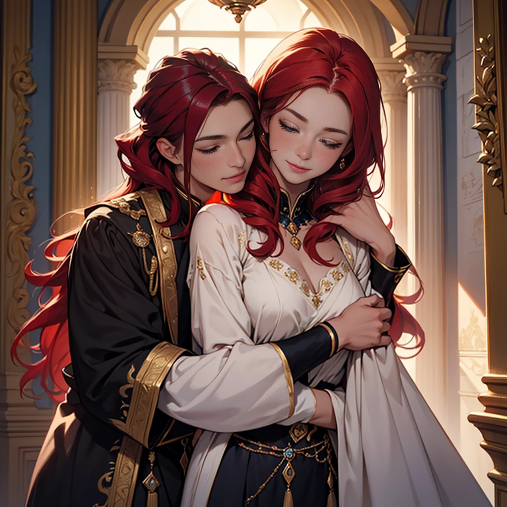 A girl with red hair and blue eyes, wearing noble clothes, with a gentle smile, in a Palace environment. (Eight :1.8) [vibrant colors] [oil painting] [detailed background] [soft lighting] [high resolution] [elegant atmosphere] [beautifully detailed eyes] [beautifully detailed lips] [long eyelashes] hugging a young man with red hair, the young man has closed eyes and royal clothes, pale skin and enviable beauty