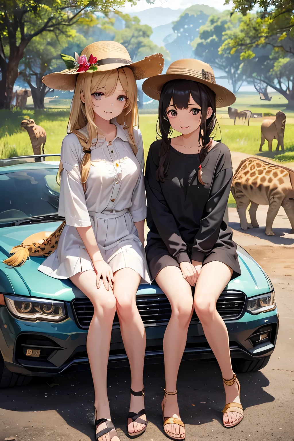 highest quality、High resolution、Detailed Background、(Beautiful face in every detail:1.4)、Anatomically correct、(Draw the usual number of fingers:1.2)、(Detailed facial expressions)、(Detailed eyes:1.2)、(Detailed eyes:1.2)、age beauty、(Highly detailed face:1.4)、Bobcut、ponytail、Braided long hair、Wavy Hairstyle、well-groomed eyebrows、Perfect body line、Wildlife Safari、Spectacular natural scenery、Excited、A fun atmosphere、A big smile、Show upper body、
(Two beautiful girls photographed with wild animals in the background:1.5)、
Land tours take you to wildlife habitats and sanctuaries in vehicles such as jeeps and trucks.、From large animals to small birds々You can see a variety of wildlife、Lion、elephant、giraffe、Leopard、Hippopotamuonkey、birds、Reptiles, etc.、Serengeti National Park、Masai Mara National Reserve、Kruger National Park、Rocky Mountains、
A lightweight shirt dress is perfect for hot weather.、Wear comfortable sandals on your feet.、Accentuate with hats and sunglasses、We recommend shorts and a light blouse.、It is a good idea to choose shorts that are easy to move in and a long-sleeved blouse that will also protect your arms and neck from the sun.、Wear comfortable sneakers on your feet.