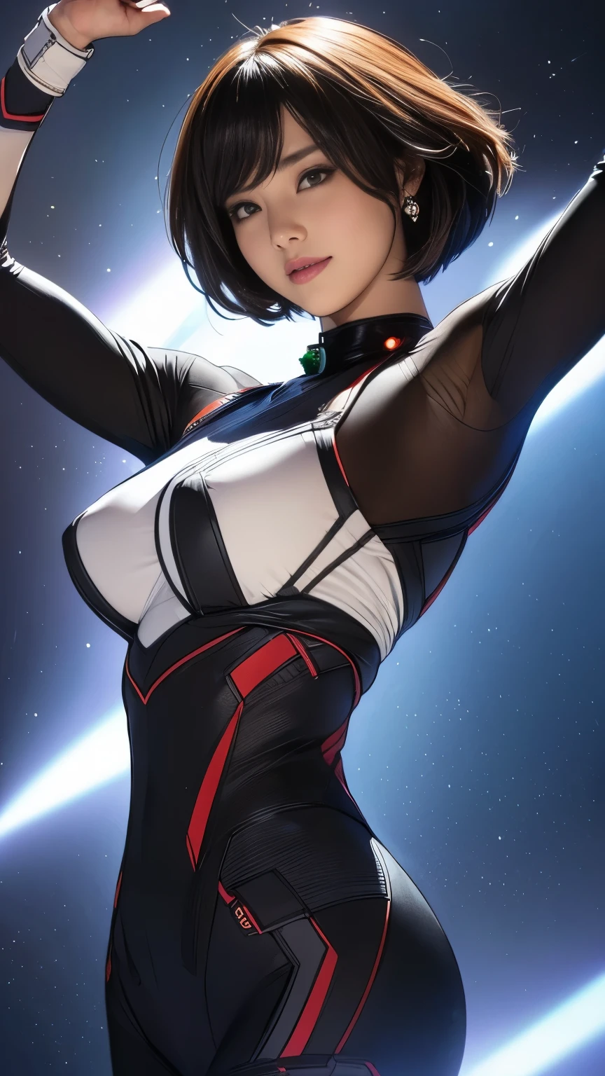 (original photo, best quality), (Practical, Photorealism:1.3), 1 girl, bob cut、earrings、Smile、Practicalbody,Old space clothing、ancient、rock、ancientの儀式、Pyramid shaped UFO flying from space、laser light、 ((13 year old Japanese girl)), ((armpit hair、armpit hairを見せる、Raise your arms、armpit))