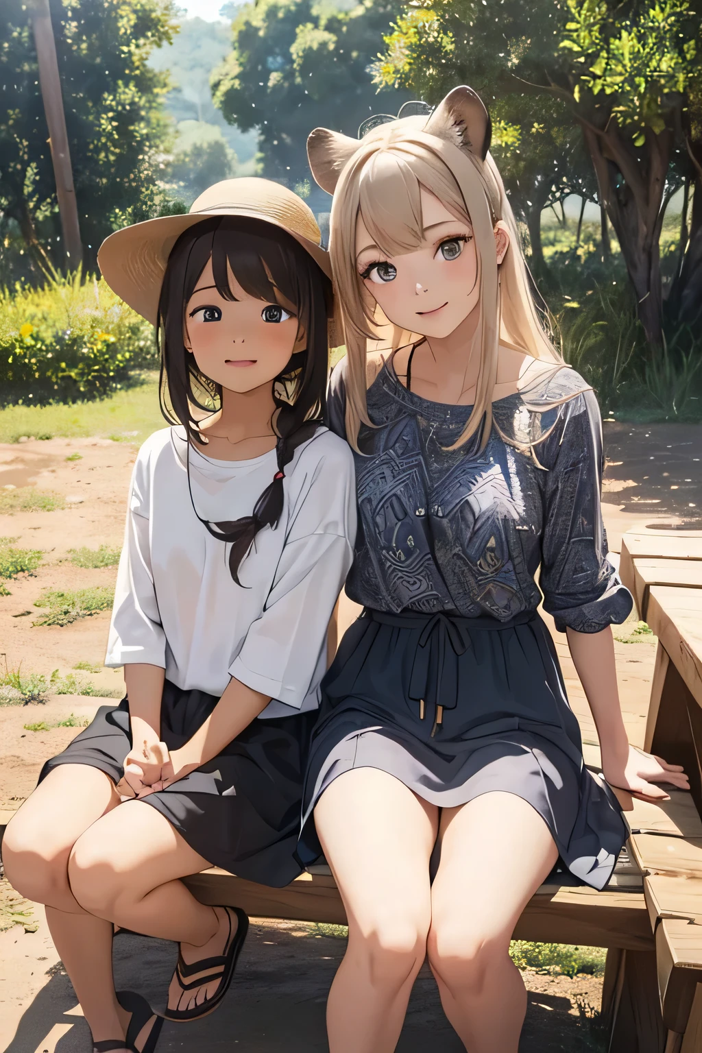 highest quality、High resolution、Detailed Background、(Beautiful face in every detail:1.4)、Anatomically correct、(Draw the usual number of fingers:1.2)、(Detailed facial expressions)、(Detailed eyes:1.2)、(Detailed eyes:1.2)、Teenage beauty、(Highly detailed face:1.4)、Cute color hair color、Bobcut、ponytail、Braided long hair、Wavy Hairstyle、well-groomed eyebrows、Perfect body line、Wildlife Safari、Spectacular natural scenery、Excited、A fun atmosphere、A big smile、Show upper body、

(Two beautiful girls photographed with wild animals in the background:1.5)、

Land tours take you to wildlife habitats and sanctuaries in vehicles such as jeeps and trucks.、From large animals to small birds々You can see a variety of wildlife、Lion、elephant、giraffe、Leopard、Hippopotamuonkey、birds、Reptiles, etc.、Serengeti National Park、Masai Mara National Reserve、Kruger National Park、Rocky Mountains、

A lightweight shirt dress is perfect for hot weather.、Wear comfortable sandals on your feet.、Accentuate with hats and sunglasses、We recommend shorts and a light blouse.、It is a good idea to choose shorts that are easy to move in and a long-sleeved blouse that will also protect your arms and neck from the sun.、Wear comfortable sneakers on your feet.