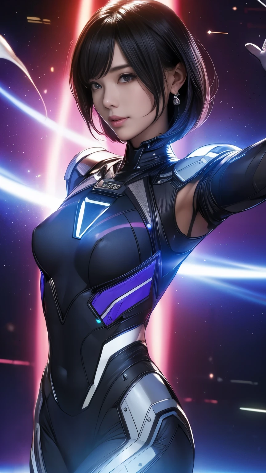 (original photo, best quality), (Practical, Photorealism:1.3), 1 girl, bob cut、earrings、Smile、Practicalbody,Old space clothing、ancient、rock、ancientの儀式、Pyramid shaped UFO flying from space、laser light、 ((13 year old Japanese girl)), ((armpit hair、armpit hairを見せる、Raise your arms、armpit))
