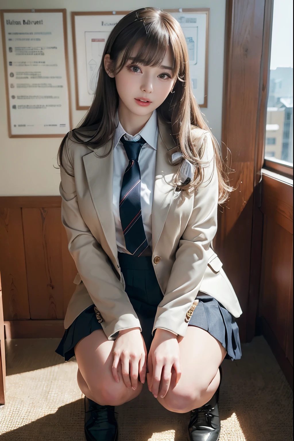 (8k、Professional、highest quality、masterpiece:1.2)、(Realistic、Photorealistic:1.37)、Very detailed、(Portraiture)、(Best Detail Skin:1.2)、(Most detailed surface:1.2)、Cinema Lighting、1 girl、Squat、Big 、high school girl、blazer、Check skirt、(Thighs open)、School classroom、Fluffy brown hair、With bangs、