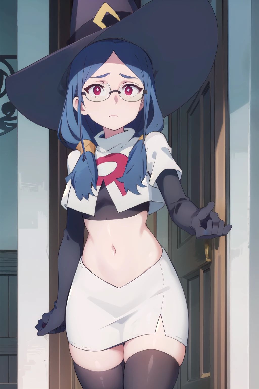 (((pixel-perfect, detail-perfect))), solo, 1girl, ursula callistis, witch, looking at viewer, glasses, team rocket,team rocket uniform,white skirt,red letter R,crop top,black thigh-highs,black elbow gloves, witch hat