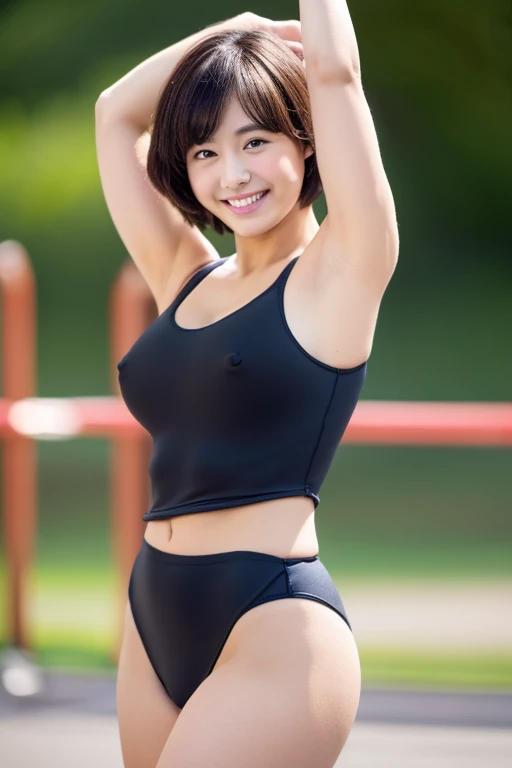 whole body, highest quality, Realistic, Very detailed, finely, High resolution, 8k wallpaper, One beautiful woman,, Black short hair, (((Nipples are visible、Visible school swimsuit)))、Sharp focus, Perfect dynamic composition, Thinning hair, Detailed Realistic skin texture, smile, Close-up portrait, Beautiful feet、Beautiful legs、I can see the toes of her high heels、Perfect Style、,(kick,Fighting Pose:1.4),、Open your legs and show your crotch、View from below、Healthy Thighs、tight ankles、、((Anatomically correct))、