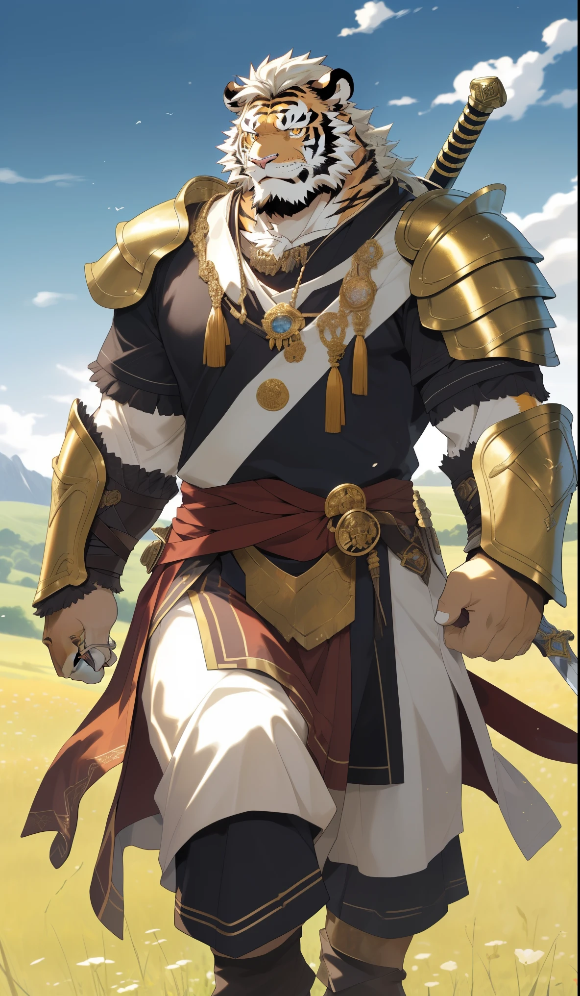 hairy,(tiger,Gold full set of armor:1.3)beard,Golden pupils,White short hair,Strong body,Golden fur,General,Riding a horse,One piece armor,Holding the sword to the chest,male,gaze,full-body shot,Field background,Real background,极其lifelike阴影,masterpiece,Very detailed,lifelike。