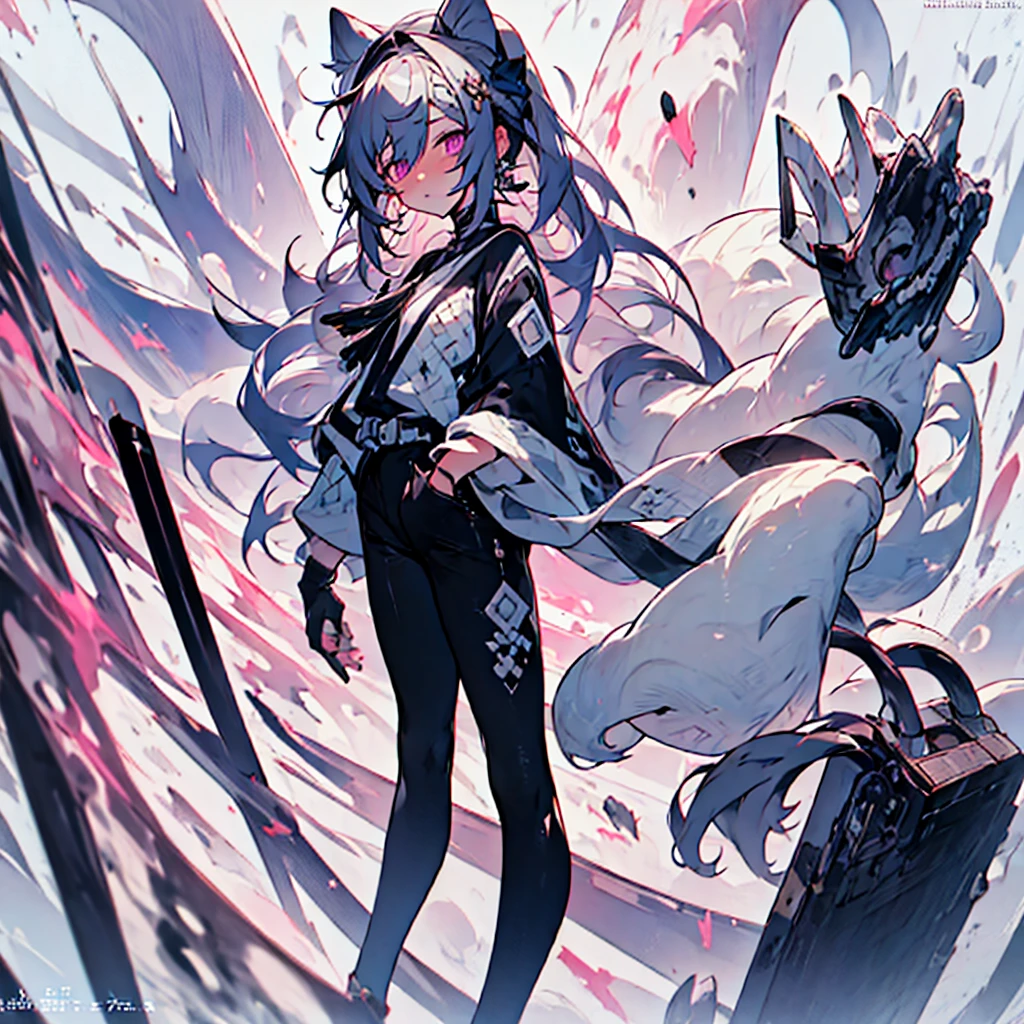 ((best quality)), ((masterpiece)), (detailed), (anime), perfect face, soft, cute, anime cat boy, androgynous, Mafumafu, teen, pure white hair, soft purple eyes, shine, white cat tail, barcode on left of cheek, wearing white haori with black bottom, inside of haori is white, emo thigh highs, black fingerless gloves