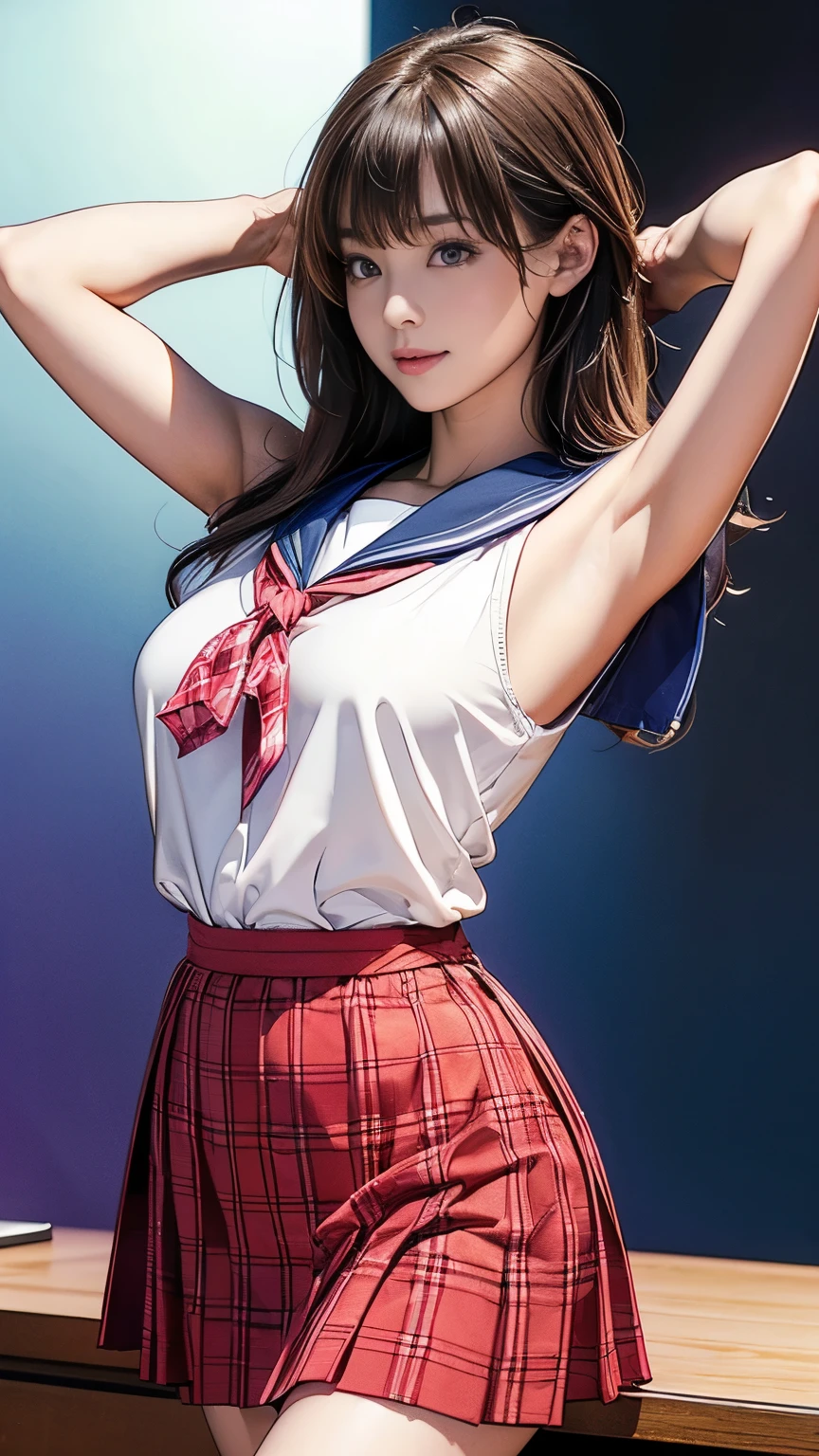Highly detailed CG Unity 8k wallpaper, Very delicate and beautiful, Shockingly, Finely, official art, absurd, incredibly absurd, Ultra Detailed,The light shines on your face,Looking at the audience, (perfect woman image), Slimウエスト, Full Body Esbian, permanent, ((Sailor Suit, Plaid skirt, Collared shirt, abdomen, Open your clothes, sleeveless tops)), bare arm, Bangs, (best quality, 4K, On the table: 1.3), Beautiful Japanese Araphi woman、15age、Surreal, 1 girl,The face is rich in detail,Lip detail, Beautiful eyes,double eyelids, (Beautiful and delicate lips),Sexy face、Light brown hair、Medium Length Hair、(Seductive figure: 1.2), (Thin waist:1.1)、Flowing hair、((Solitary))、 Half-smile, Color Background, Looking at the audience,big breasts Thin waist,Movie Lighting, ((15ageの女の子, Slim, Thin waist, Thin thighs, Thin arms)), ((Raise your arms, Expose your armpits))