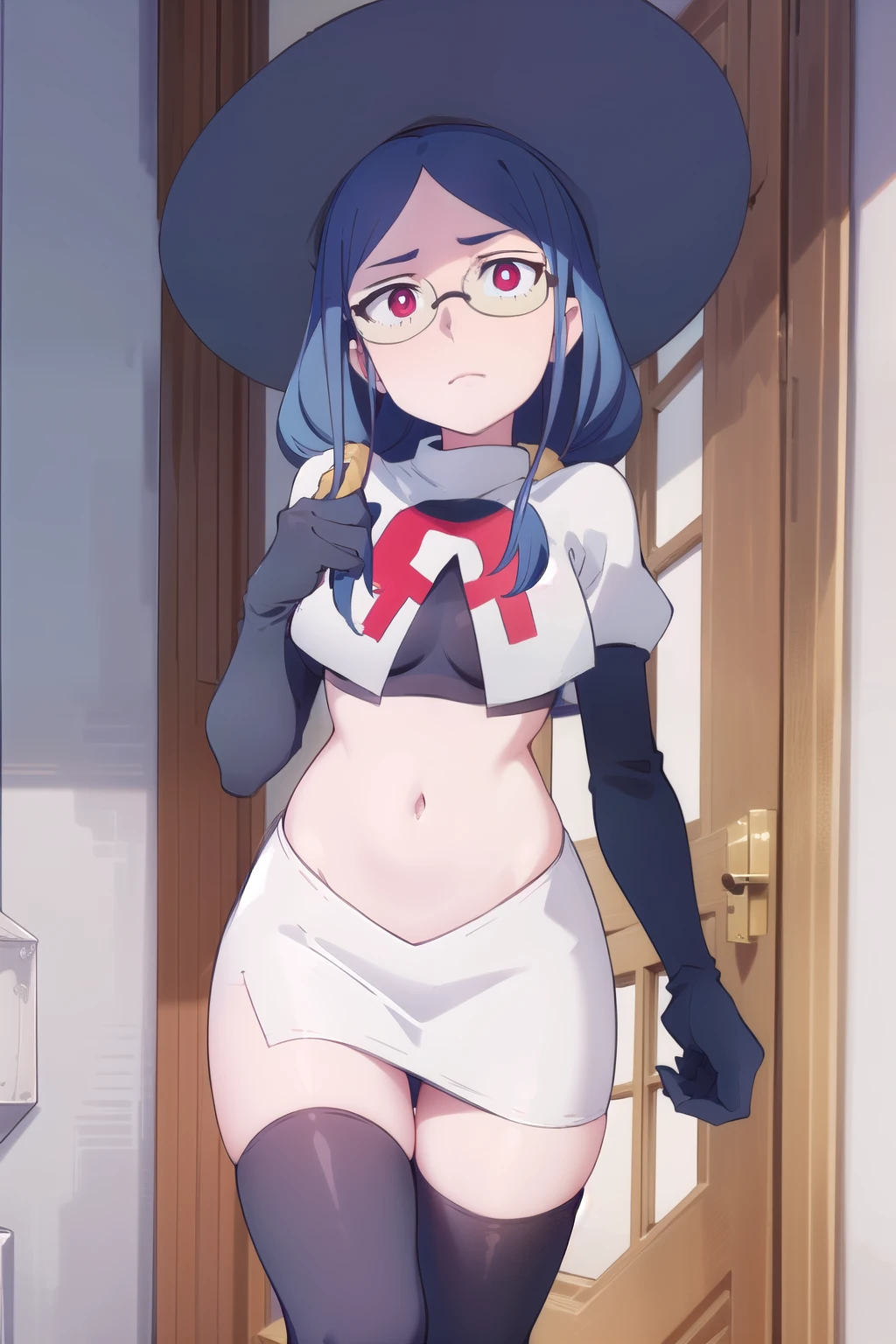 (((pixel-perfect, detail-perfect))), solo, 1girl, ursula callistis, witch, looking at viewer, glasses, team rocket,team rocket uniform,white skirt,red letter R,crop top,black thigh-highs,black elbow gloves, witch hat