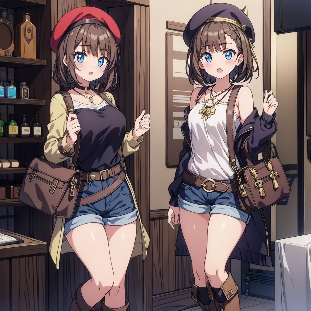 1 girl, Liza, workshop, Alchemist, beret, Shorts, Over the knee boots, Right hand bag