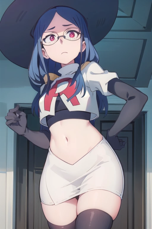 (((pixel-perfect, detail-perfect))), solo, 1girl, ursula callistis, witch, looking at viewer, glasses, team rocket,team rocket uniform,white skirt,red letter R,crop top,black thigh-highs,black elbow gloves, witch hat