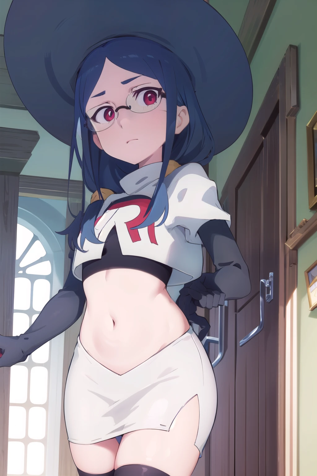 (((pixel-perfect, detail-perfect))), solo, 1girl, ursula callistis, witch, looking at viewer, glasses, team rocket,team rocket uniform,white skirt,red letter R,crop top,black thigh-highs,black elbow gloves, witch hat