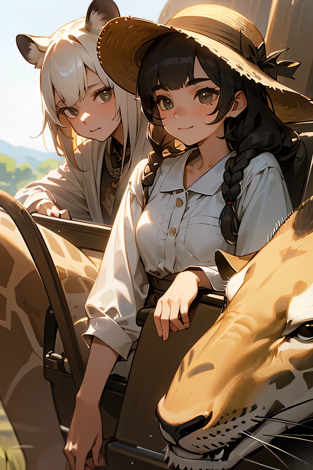 highest quality、High resolution、Detailed Background、(Beautiful face in every detail:1.4)、Anatomically correct、(Draw the usual number of fingers:1.2)、(Detailed facial expressions)、(Detailed eyes:1.2)、(Detailed eyes:1.2)、Teenage beauty、(Highly detailed face:1.4)、Bobcut、ponytail、Braided long hair、Wavy Hairstyle、well-groomed eyebrows、Perfect body line、Wildlife Safari、Spectacular natural scenery、Excited、A fun atmosphere、A big smile、Show upper body、
(Two beautiful girls photographed with wild animals in the background:1.5)、
Land tours take you to wildlife habitats and sanctuaries in vehicles such as jeeps and trucks.、From large animals to small birds々You can see a variety of wildlife、Lion、elephant、giraffe、Leopard、Hippopotamuonkey、birds、Reptiles, etc.、Serengeti National Park、Masai Mara National Reserve、Kruger National Park、Rocky Mountains、
A lightweight shirt dress is perfect for hot weather.、Wear comfortable sandals on your feet.、Accentuate with hats and sunglasses、We recommend shorts and a light blouse.、It is a good idea to choose shorts that are easy to move in and a long-sleeved blouse that will also protect your arms and neck from the sun.、Wear comfortable sneakers on your feet.