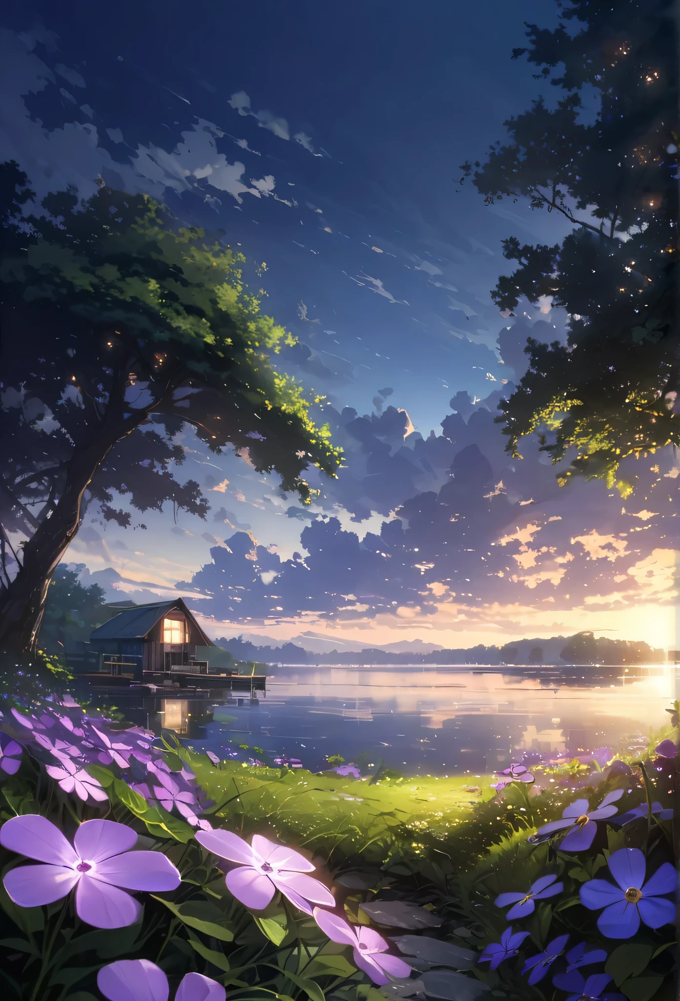 detailed background,( Calm spring night landscape), amongst lush greenery, beautiful view, creeping phlox in full bloom, creeping phlox, early morning, sunrise sky, beautiful clouds, dappled sunlight, outdoor seating, one lamp, Tranquil Lake, Boat on a Lake, depth of field, masterpiece, best quality, ultra-detailed, very aesthetic, illustration, perfect composition, intricate details, absurdres, moody lighting, wisps of light, no humans,