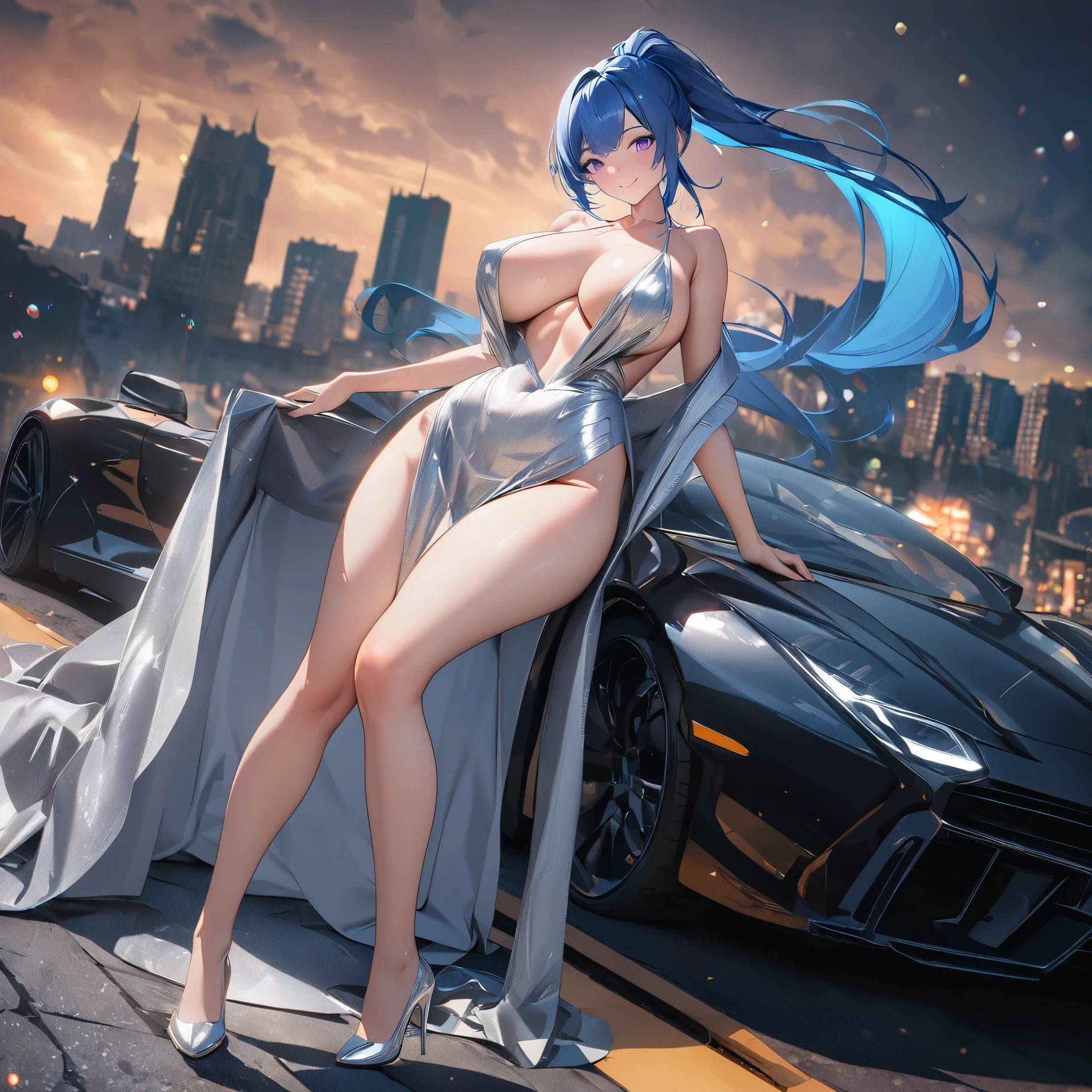 A woman wearing a silver dress, big breasts, blue hair, ponytail hair, purple eyes, next to a black luxury car (just a car), on a wide track with a view of buildings in the background, smiling, lighting in the spot, bokeh effect, silver heel, full body,atmospheric perspective, Surrealism, bloom, 8k, super detail, ccurate, best quality, UHD, anatomically correct, textured skin, high quality, highres, best quality