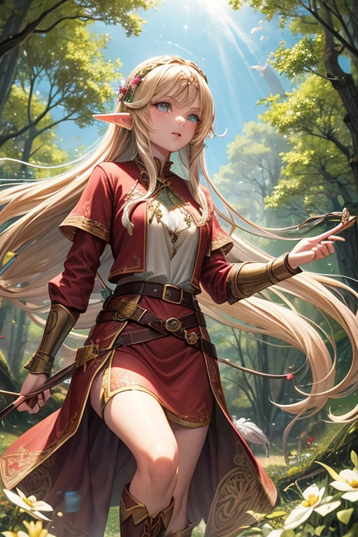 30 year old elf woman with long blonde hair, long messy hairstyle with fringes, pointed elf ears, green medieval archer clothing with brown eyes holding a bow with red gems, pink floral decorations, brown boots, brown leather belt , flower ornaments on forest background with magic symbols