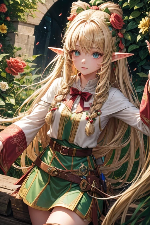 30 year old elf woman with long blonde hair, long messy hairstyle with fringes, pointed elf ears, green medieval archer clothing with brown eyes holding a bow with red gems, pink floral decorations, brown boots, brown leather belt , flower ornaments on forest background with magic symbols