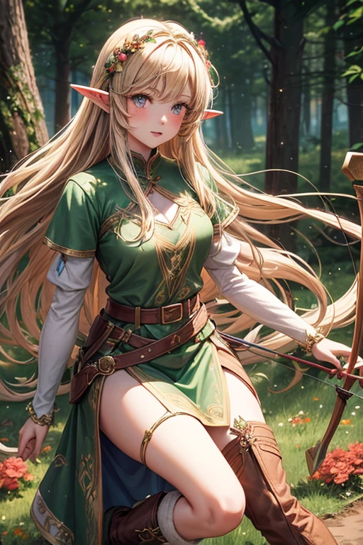 30 year old elf woman with long blonde hair, long messy hairstyle with fringes, pointed elf ears, blue medieval archer clothing with brown eyes holding a bow with red gems, pink floral decorations, brown boots, brown leather belt , flower ornaments on forest background with magic symbols