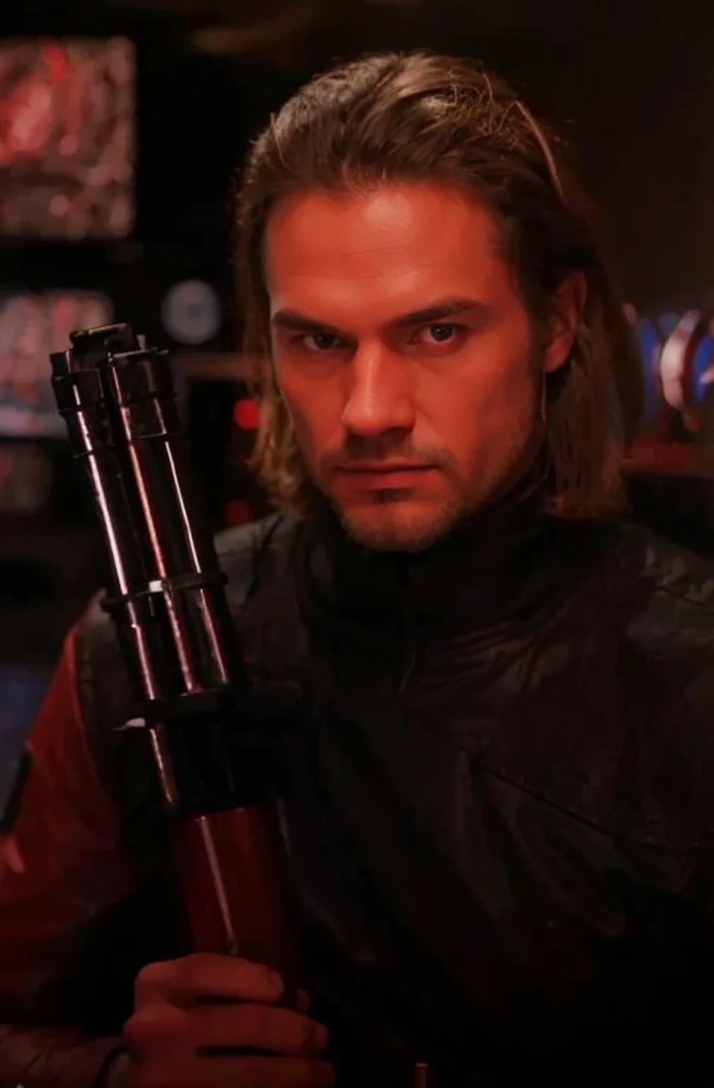 man, very rude Ukrainian face, long brown hair, very serious face, leather suit, holds a laser rifle, he is in a dark bunker in red tones, advanced red computer screens, servers, red LED lights, many tubes and cables on the walls, stained glass, image in reddish tones, 4k, ultra detailed image, realistic, very detailed, perfect composition, splendid, intricately detailed, incredibly detailed, art photography 8k, hyper detailed, Masterpiece, ultra detailed, hyper realistic, 4k , ultra detailed image , realistic, highly detailed, perfect composition, splendid, intricately detailed, incredibly detailed, Artistic photography in 8k, hyper detailed