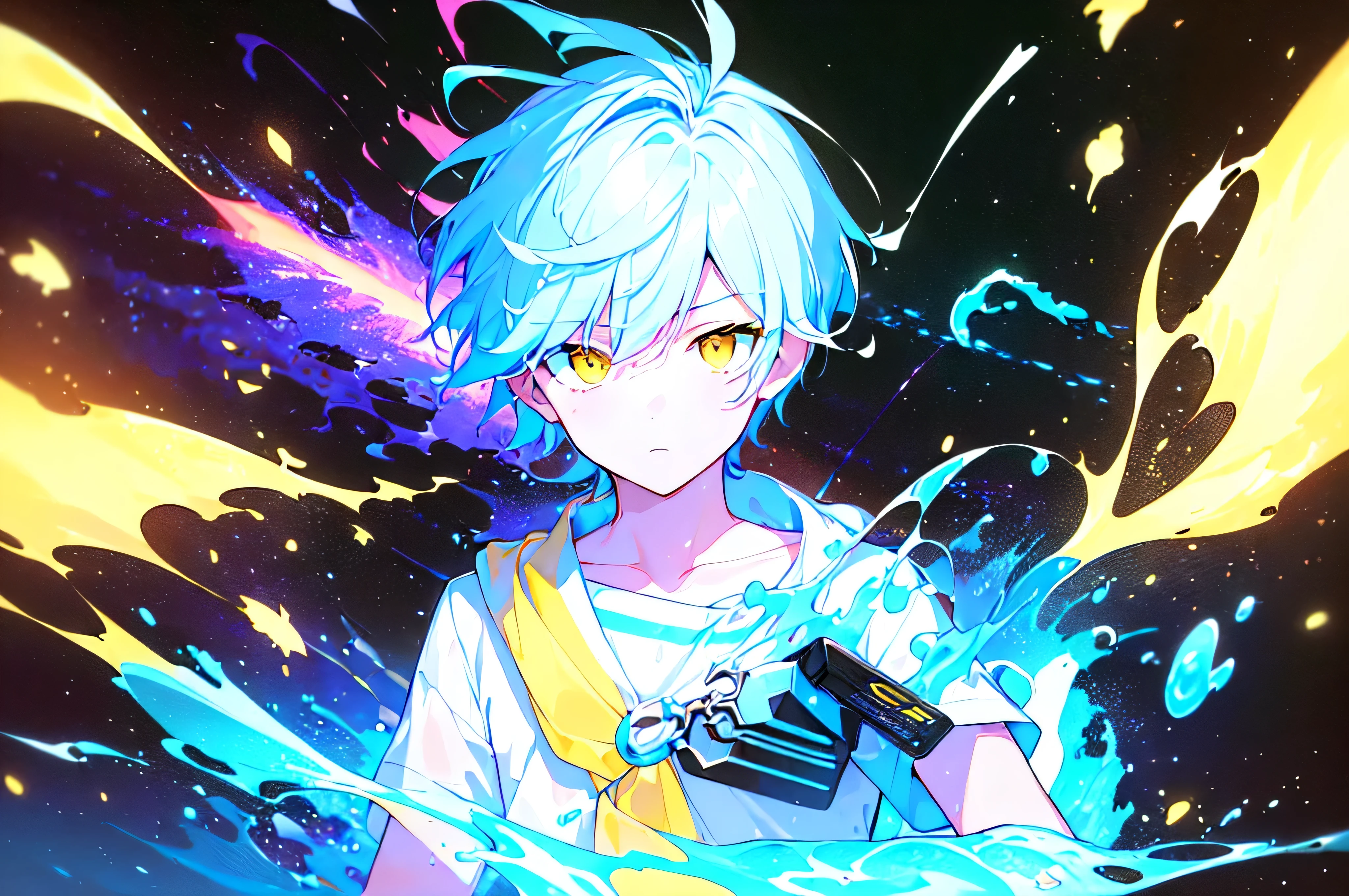 [(GALAXY BACKGROUND:1.5),::5], ((((masterpiece)))), high quality, very_high_resolution, large_filesize, upper body, full color, ((younger boy)), , short WHITEblue hair, vivid color, ((yellow eye)), Summer clothes white, animestyle, (NeonSoda Splash effect:1.3), (((AWAKENING)))