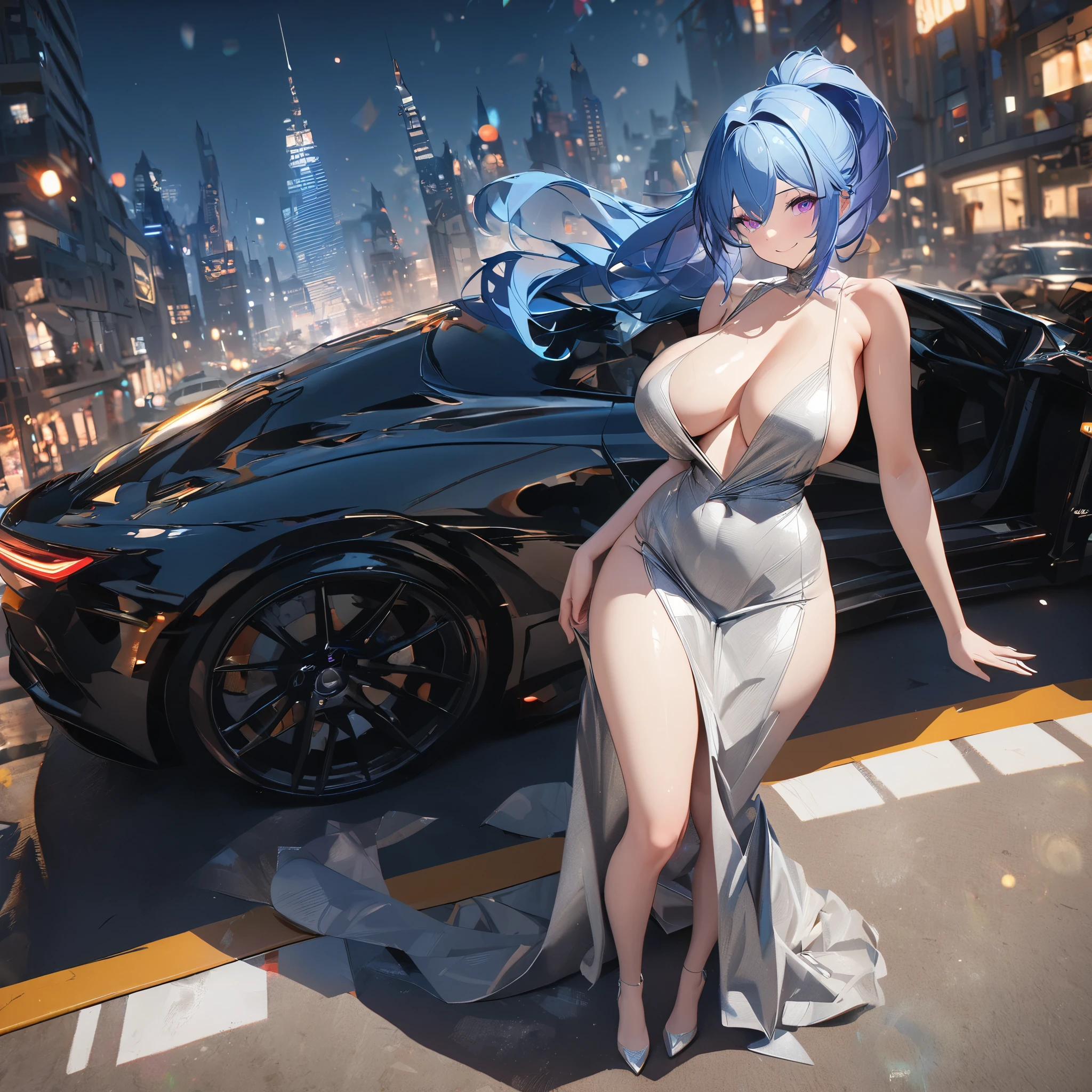 A woman wearing a silver dress, big breasts, blue hair, ponytail hair, purple eyes, next to a black luxury car (just a car), on a wide track with a view of buildings in the background, smiling, lighting in the spot, bokeh effect, silver heel, full body,atmospheric perspective, Surrealism, bloom, 8k, super detail, ccurate, best quality, UHD, anatomically correct, textured skin, high quality, highres, best quality