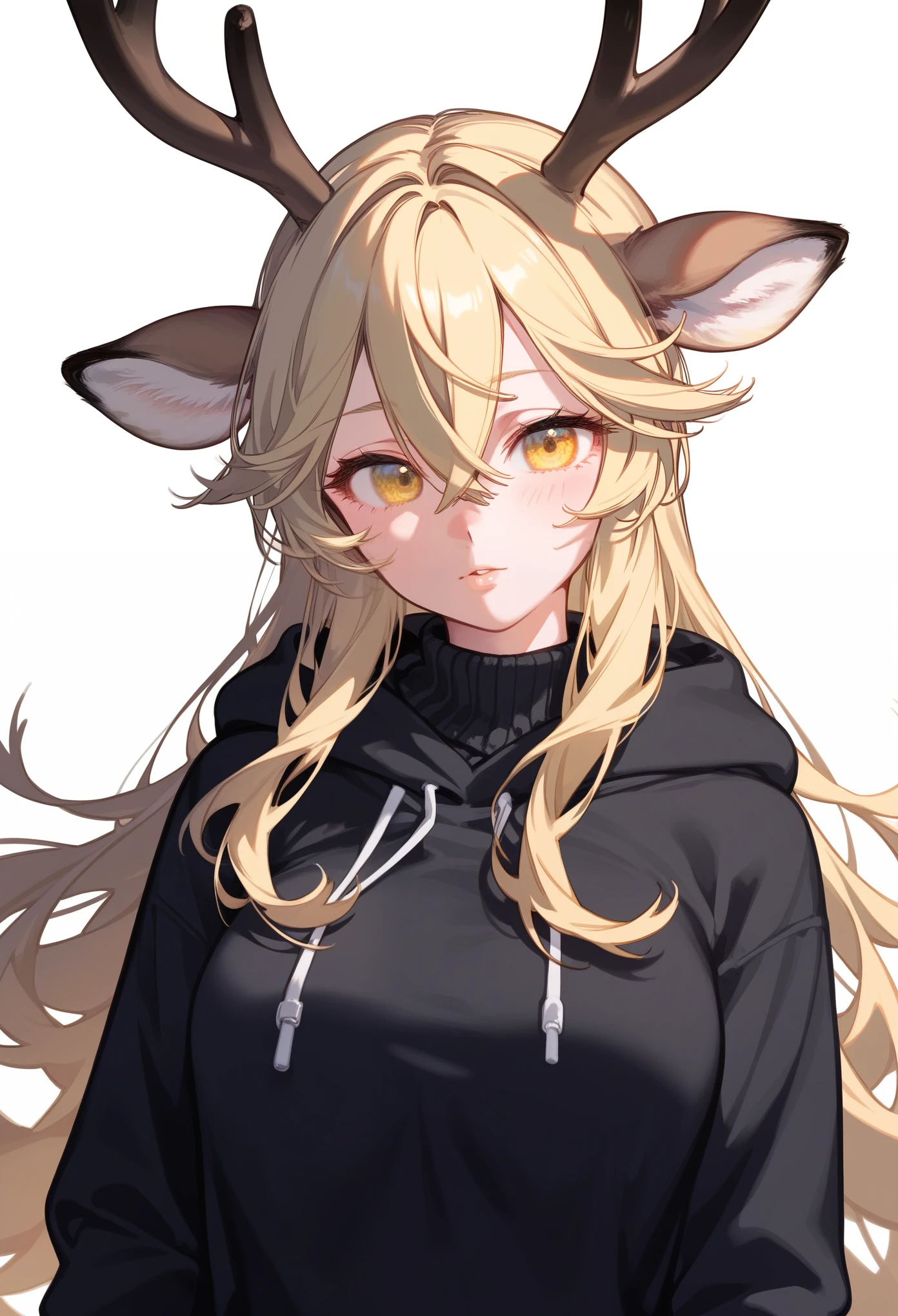 masterpiece, Very aesthetic, best quality, score_9, score_8_up, score_7_up, 1girl, long hair, blonde hair, very long eyes, yellow eyes, kemonomimi, deer ears, antlers, hair between eyes, long bang, medium breasts, black sweater, hoodie, innexpressive, portrait, white background 