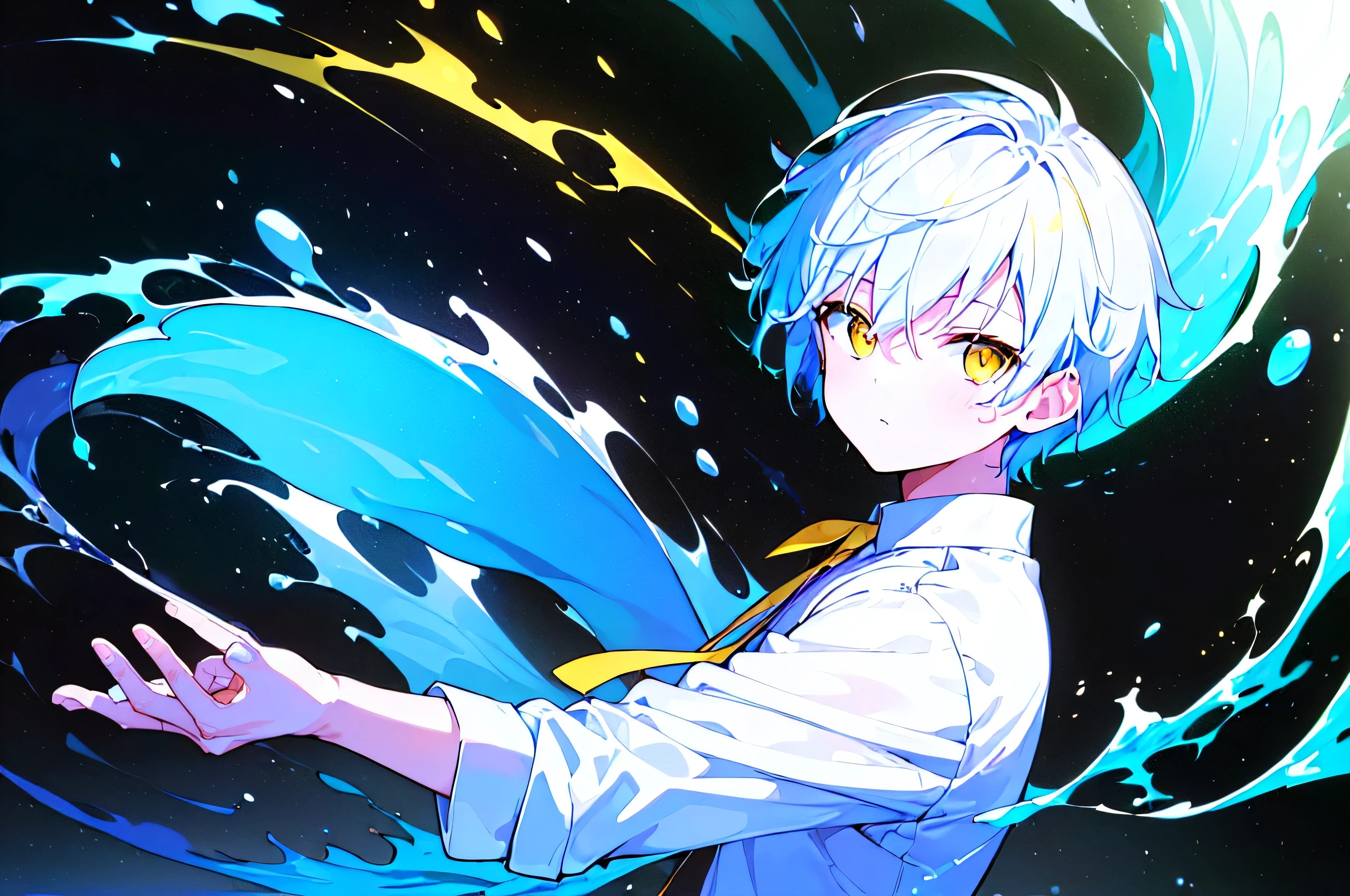 [(GALAXY BACKGROUND:1.5),::5], ((((masterpiece)))), high quality, very_high_resolution, large_filesize, upper body, full color, ((younger boy)), 13 old year, short WHITEblue hair, vivid color, ((yellow eye)), Summer clothes white, animestyle, (NeonSoda Splash effect:1.3), (((AWAKENING)))