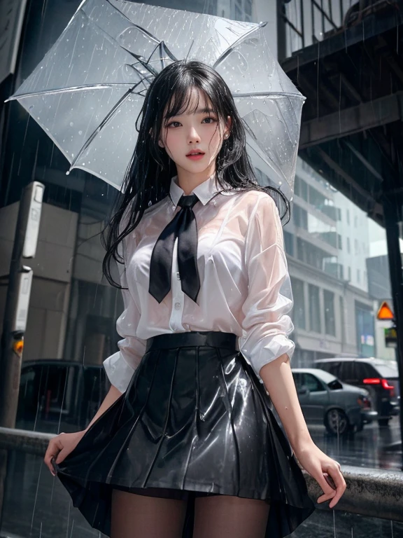 (rain:1.2)、(storm:1.2)、Wet clothes、Cowboy Shot、1 girl、Medium breast、Black Hair、Long Hair、White blouse、Black Skirt、Black Pantyhose、cry、tears、Standing on the street、See through、Spread your legs、I can see her panties、Angle from below