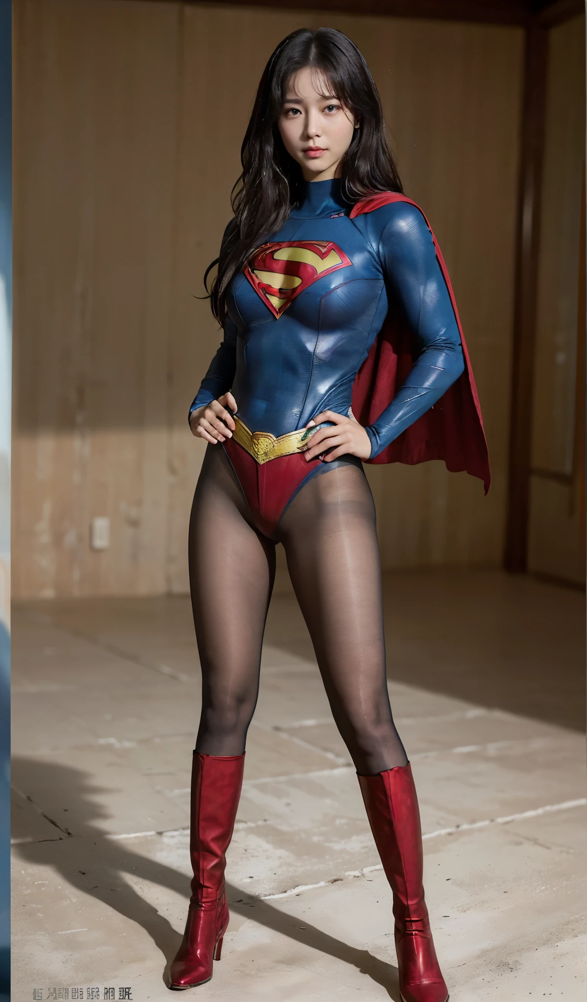 No background、(((Improve your style)))、(((Model Body Type)))、(((Beautiful legs in black tights.)))、(((Legally express the beauty of your smile)))、((((Make the most of your original images)))、(((Supergirl Costume)))、(((A form-fitting Supergirl costume)))、(((Beautiful Hair)))、(((suffering)))、(((Please wear black tights....、Wear red boots)))、((Best image quality、8k))、((highest quality、8k、masterpiece:1.3))、(((Preserve background )))、Sharp focus:1.2、Beautiful woman with perfect figure:1.4、Slim Abs:1.2、Wet body:1.5、Highly detailed face and skin texture、8k