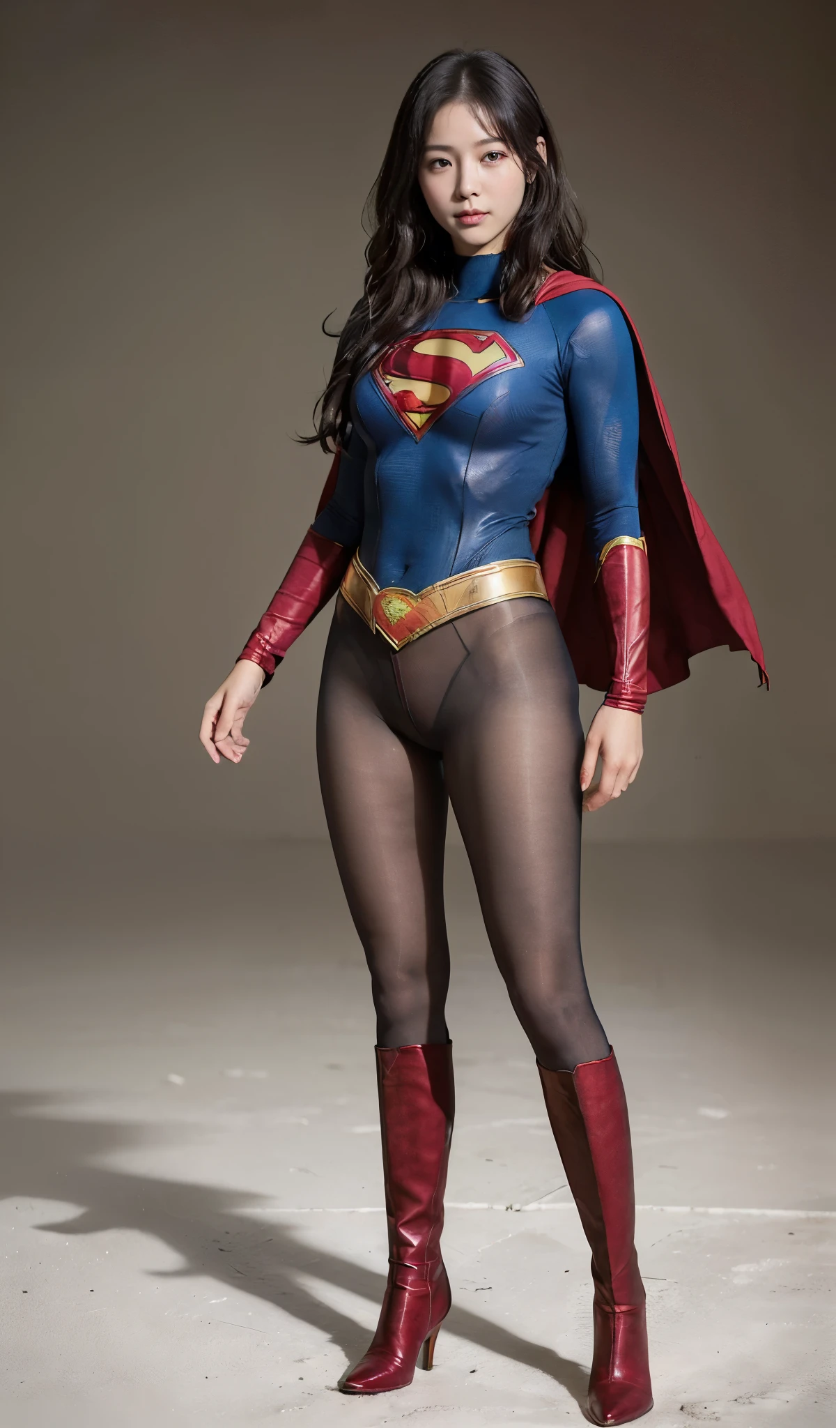 No background、(((Improve your style)))、(((Model Body Type)))、(((Beautiful legs in black tights.)))、(((Legally express the beauty of your smile)))、((((Make the most of your original images)))、(((Supergirl Costume)))、(((A form-fitting Supergirl costume)))、(((Beautiful Hair)))、(((suffering)))、(((Please wear black tights....、Wear red boots)))、((Best image quality、8k))、((highest quality、8k、masterpiece:1.3))、(((Preserve background )))、Sharp focus:1.2、Beautiful woman with perfect figure:1.4、Slim Abs:1.2、Wet body:1.5、Highly detailed face and skin texture、8k
