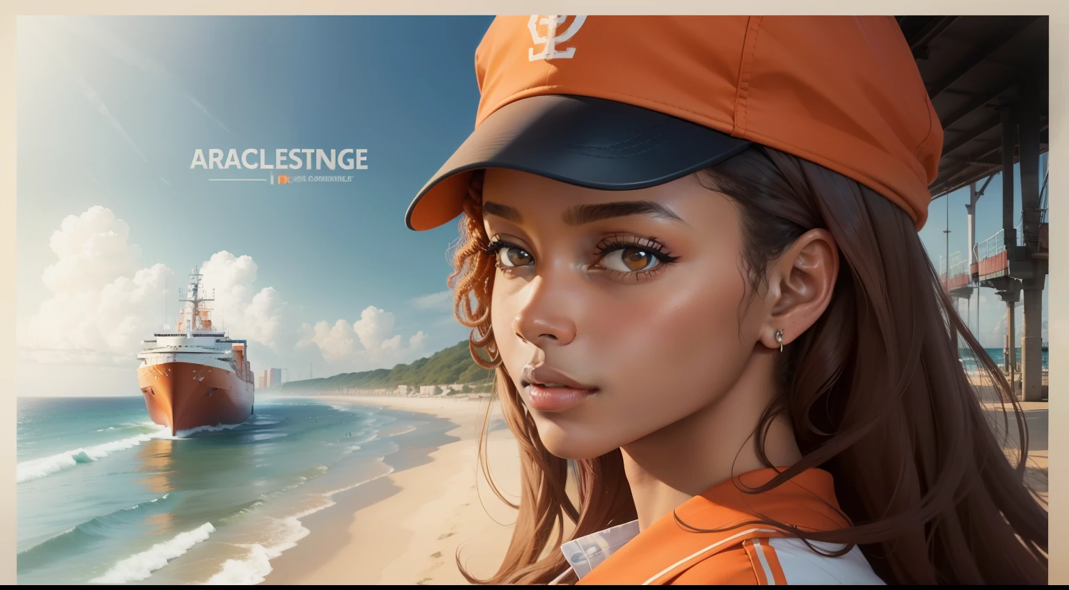 Générer une affiche publicitaire sur le secteur du transport maritime, les couleurs d'affiche publicitaire son orange, in the foreground a well-dressed Afro-American woman on a beach representing a logistics company, a realistic image of&#39;un porte-conteneurs naviguant en mer, sky with dark blue tone