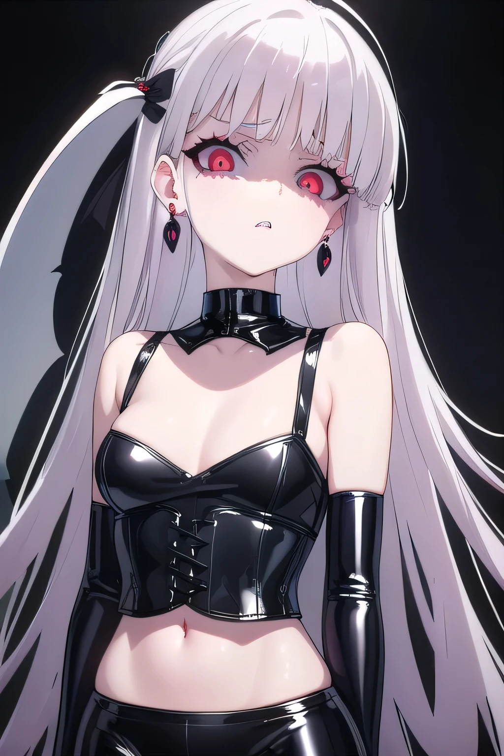 masterpiece, best quality, ultra-high-detailed, Disgusted face, white hair, red eyes, sigtuna julie , small breast, looking to viewer, deep eyes,  glare eyes, black latex, crop top, black corset, latex pants, eyeshadow, makeup, bare shoulder, earrings, Gothic , eyeshadow, black background, all body, upper latex