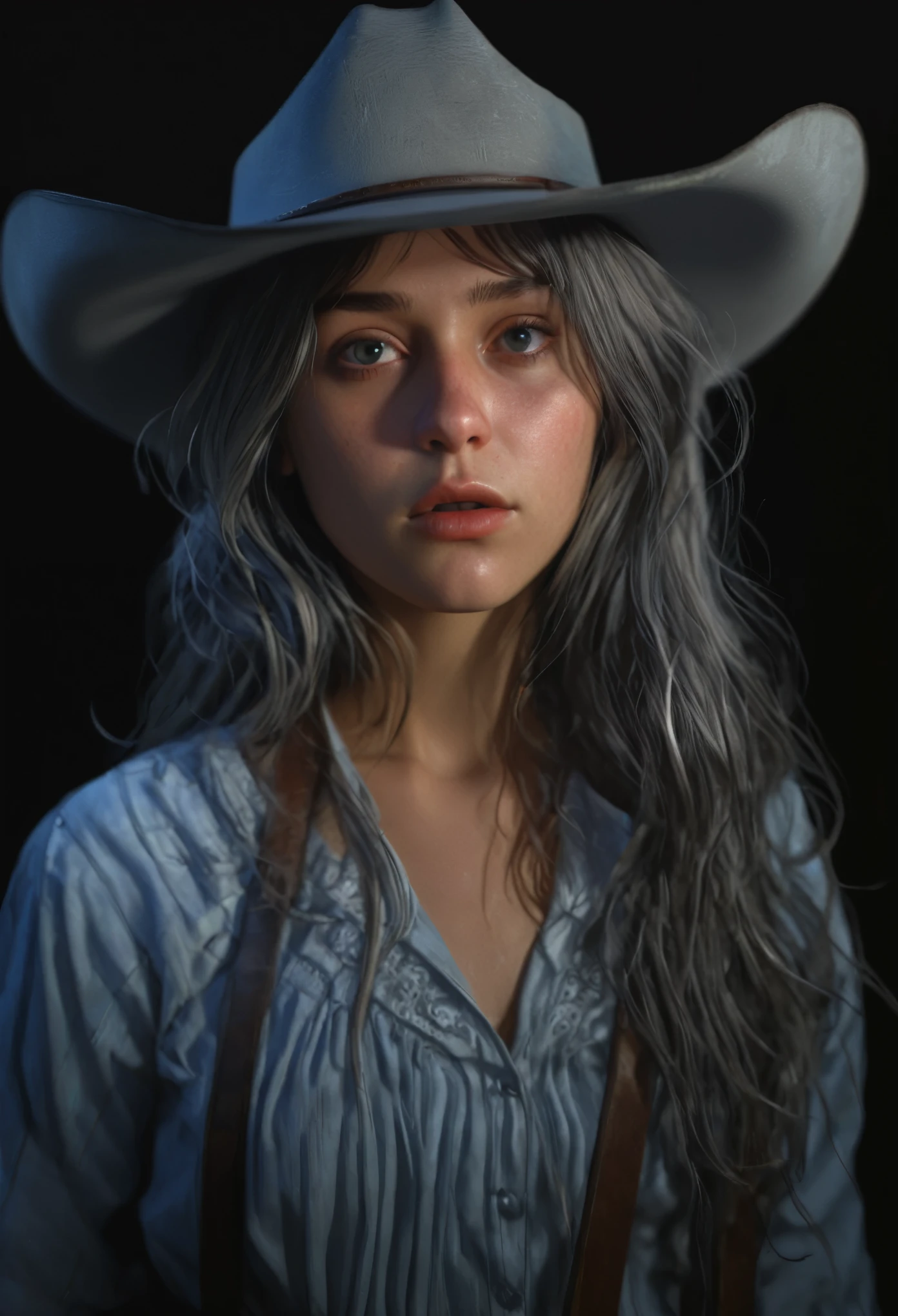 (Front Focus), (In the Dark:1.6), Hyperrealist Female Portrait by David Hockney and Alphonse Mucha, Fantasy art, Photorealistic, Dynamic Lighting, Art Station, Poster, Volumetric lighting, Highly detailed face, 4k yen, Awards, One girl, In the Dark, Deep Shadow, Modest, Cowboy Shot, (Official attire:1.4), Long Hair, Gray Hair