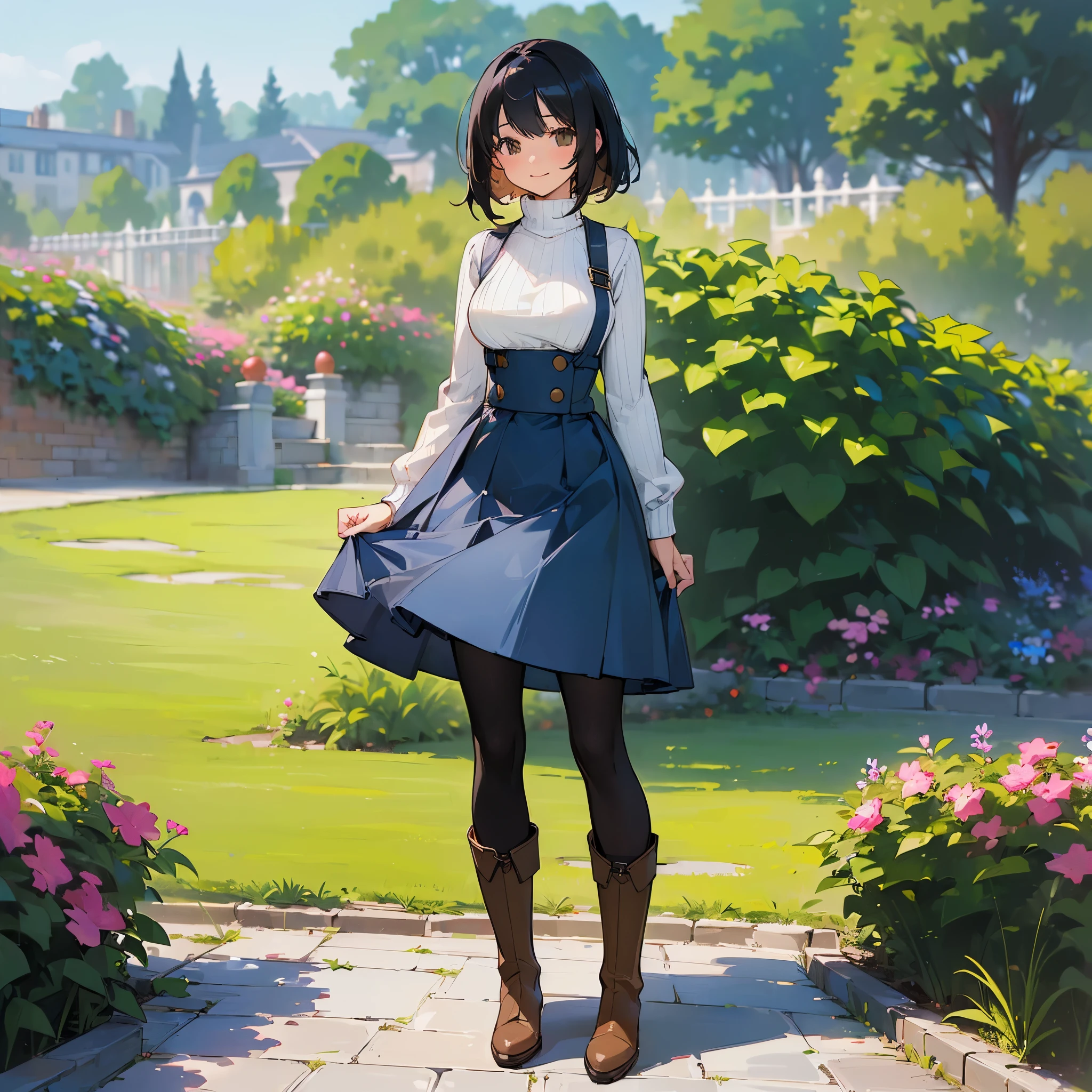 (high quality, High resolution, Very detailed, reality:1.37), Peaceful atmosphere, (Outdoor, garden), Teenage girl standing alone, (my breasts are big.), Beautiful details, Cute Smile, (Black hair ponytail), Ribbed sweater, Blue Skirt, Black tights, Brown boots.