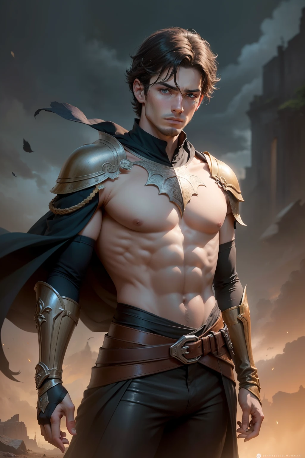 close up de 1 homem, jovem, of Irish descent, ranger andando por uma vila de fantasia, uma noite de luar, rosto bonito,medium-sized dark hair,green eyes beautiful sky, (oil-painting), classic art: 0.4, detalhado, intrincado, (arte de fantasia), cor silenciada: 0.25, melhor qualidade, boa anatomia, good composition, good proportions, bom design, dinamic pose, boa pose, realistic sky, fundos realistas, (cinemactic), (mais alta qualidade, premiado, obra-prima:1.3), (arte de Arthur Rackham:0.5), ((cores naturais))), (fotorrealista:1.4), ((empty hands, sem segurar nada)),