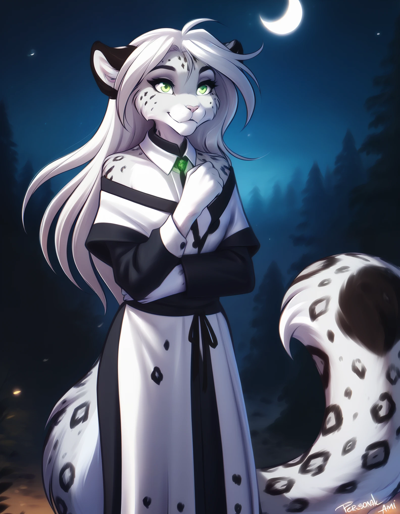 solo, tkamelia, anthro, green eyes, white fur, spotted fur, white hair, snow leopard, mammal, long hair, snow leopard tail,, amelia_(twokinds) , twokinds, personalami, rating:safe, arm_tuft, white fur, forest, night, stars, moon, White clothe, female, 1girl,