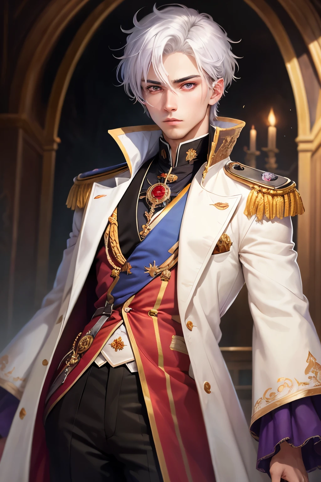 Male prince with violet eyes and white hair with a serious gaze