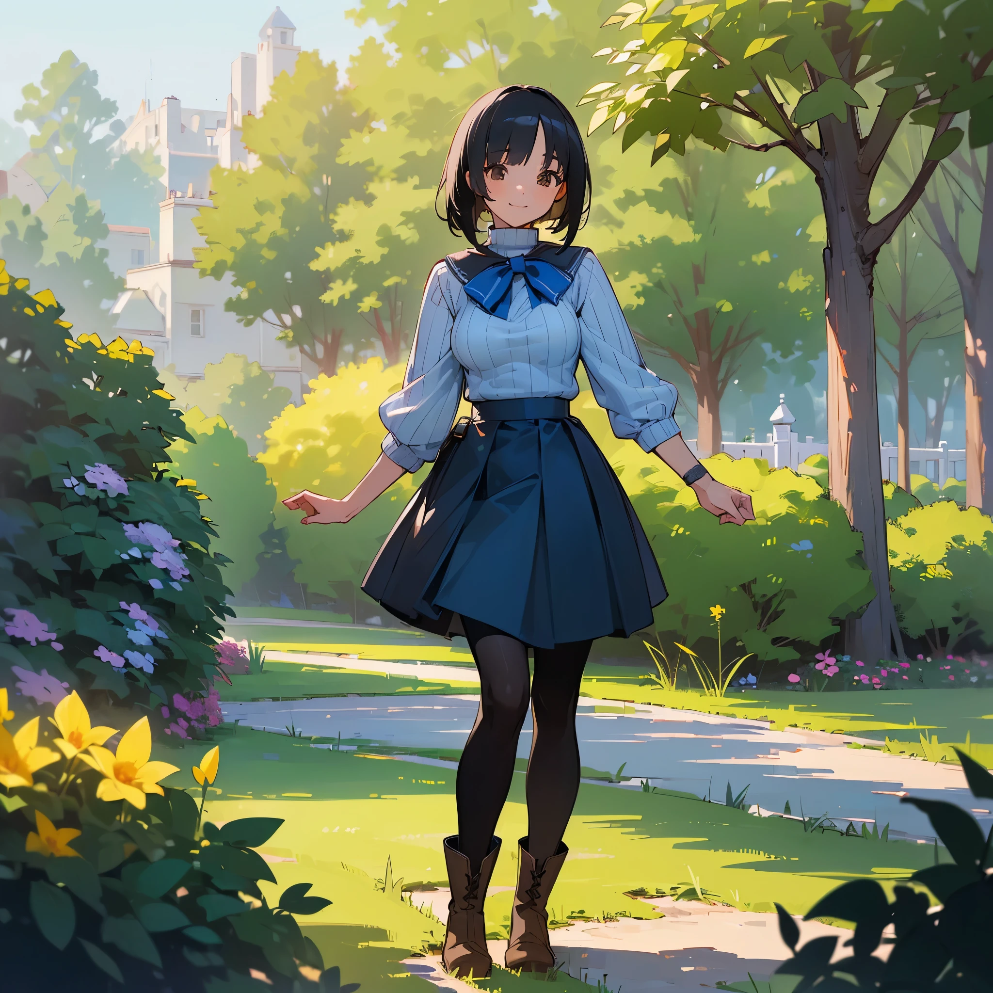 (high quality, High resolution, Very detailed, reality:1.37), Peaceful atmosphere, (Outdoor, garden), age girl standing alone, (my breasts are big.), Beautiful details, Cute Smile, (Black bob hair), Ribbed sweater, Blue Skirt, Black tights, Brown boots.