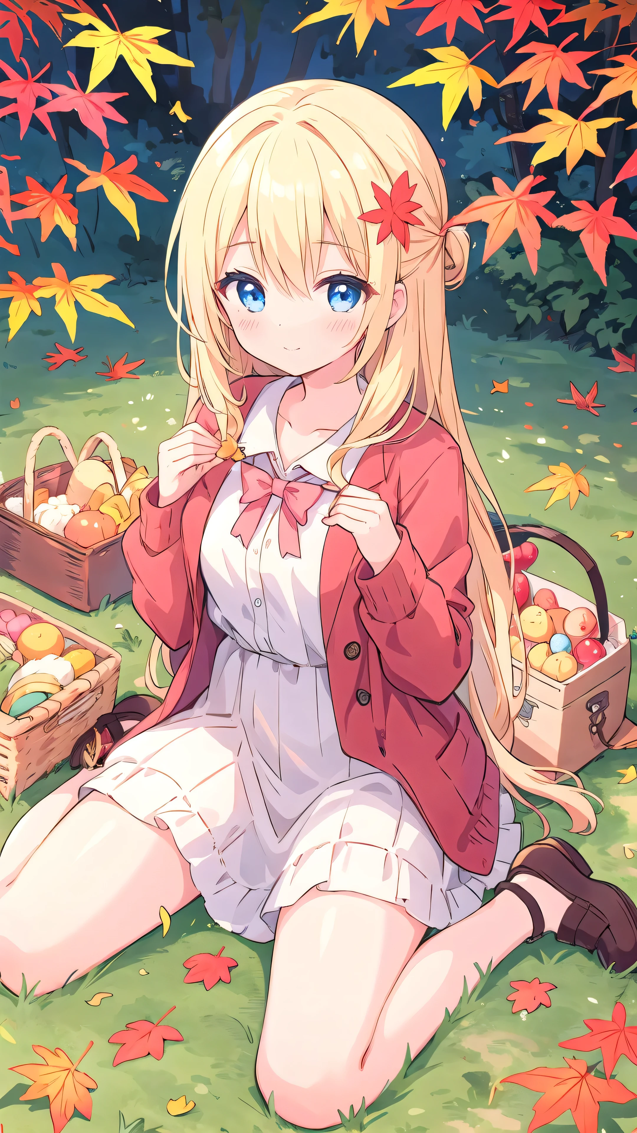 Beautiful illustrations, highest quality, pretty girl, picnic, wariza, autumn leaves