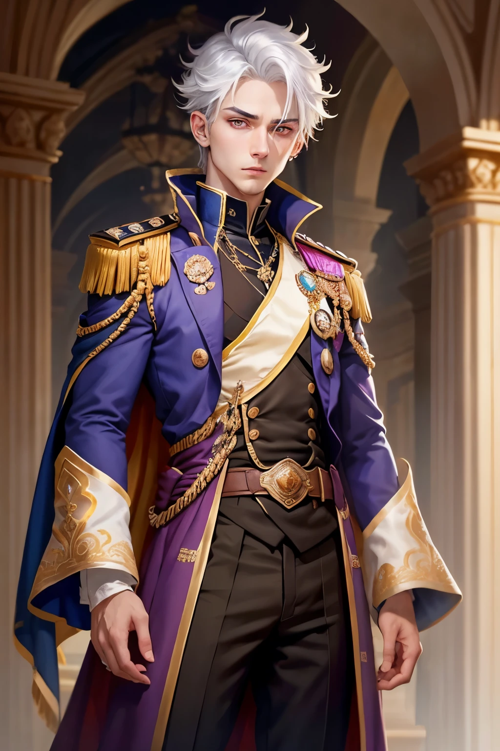 Male prince with violet eyes and white hair with a serious gaze