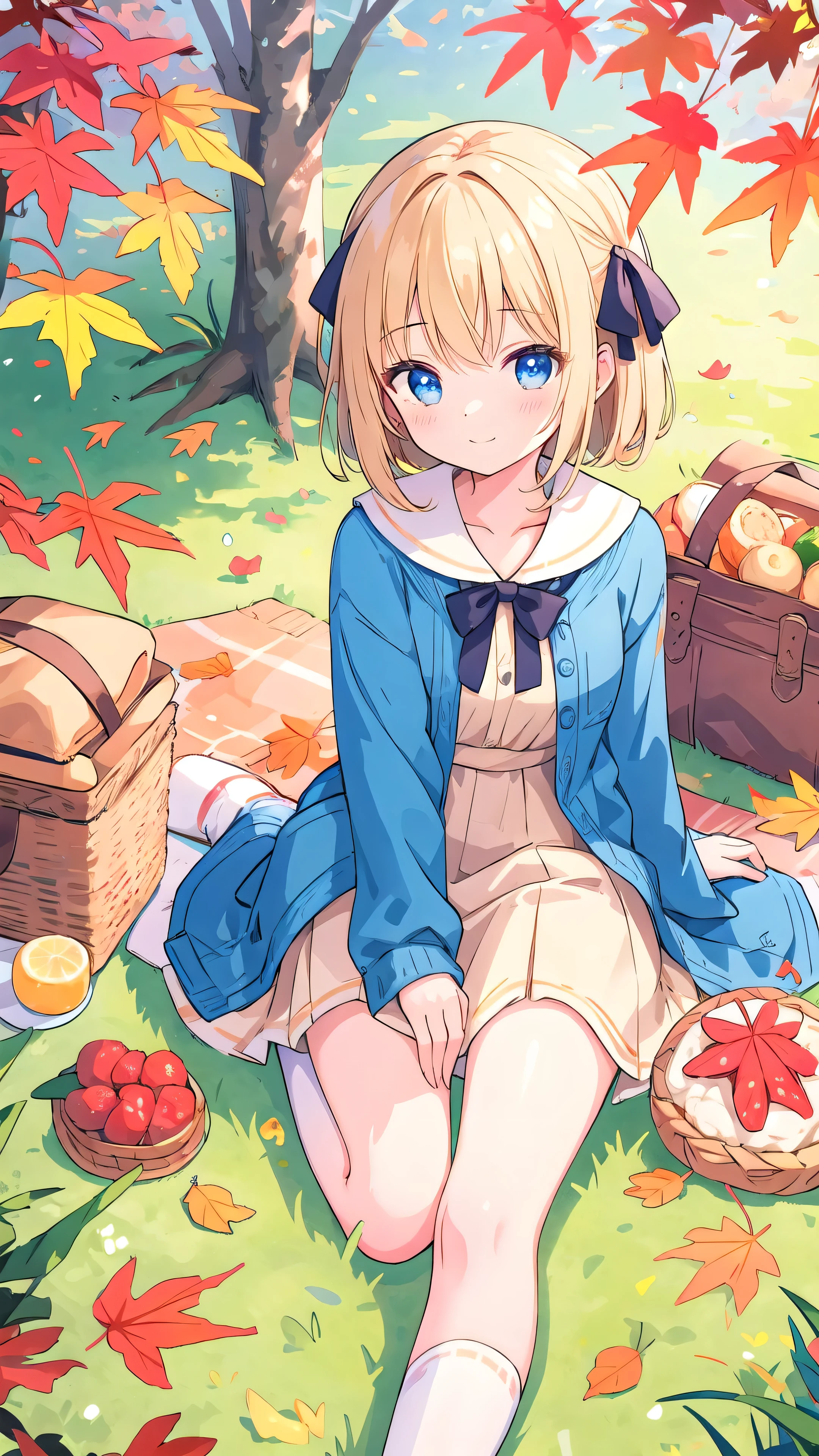 Beautiful illustrations, highest quality, pretty girl, picnic, wariza, autumn leaves