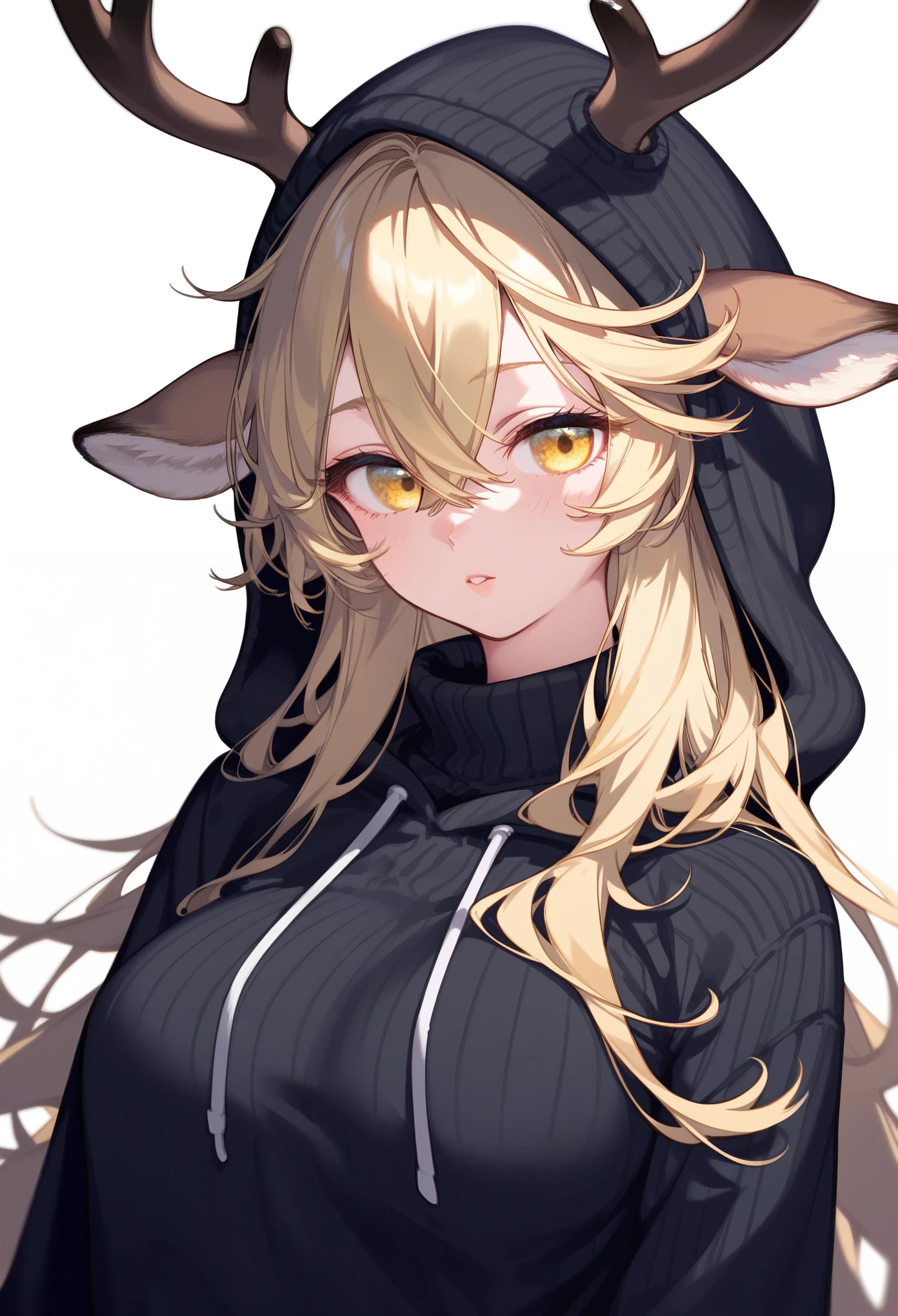 masterpiece, Very aesthetic, best quality, score_9, score_8_up, score_7_up, 1girl, long hair, blonde hair, very long eyes, yellow eyes, kemonomimi, deer ears, large antlers, hair between eyes, long bang, medium breasts, black sweater, hoodie, innexpressive, portrait, white background